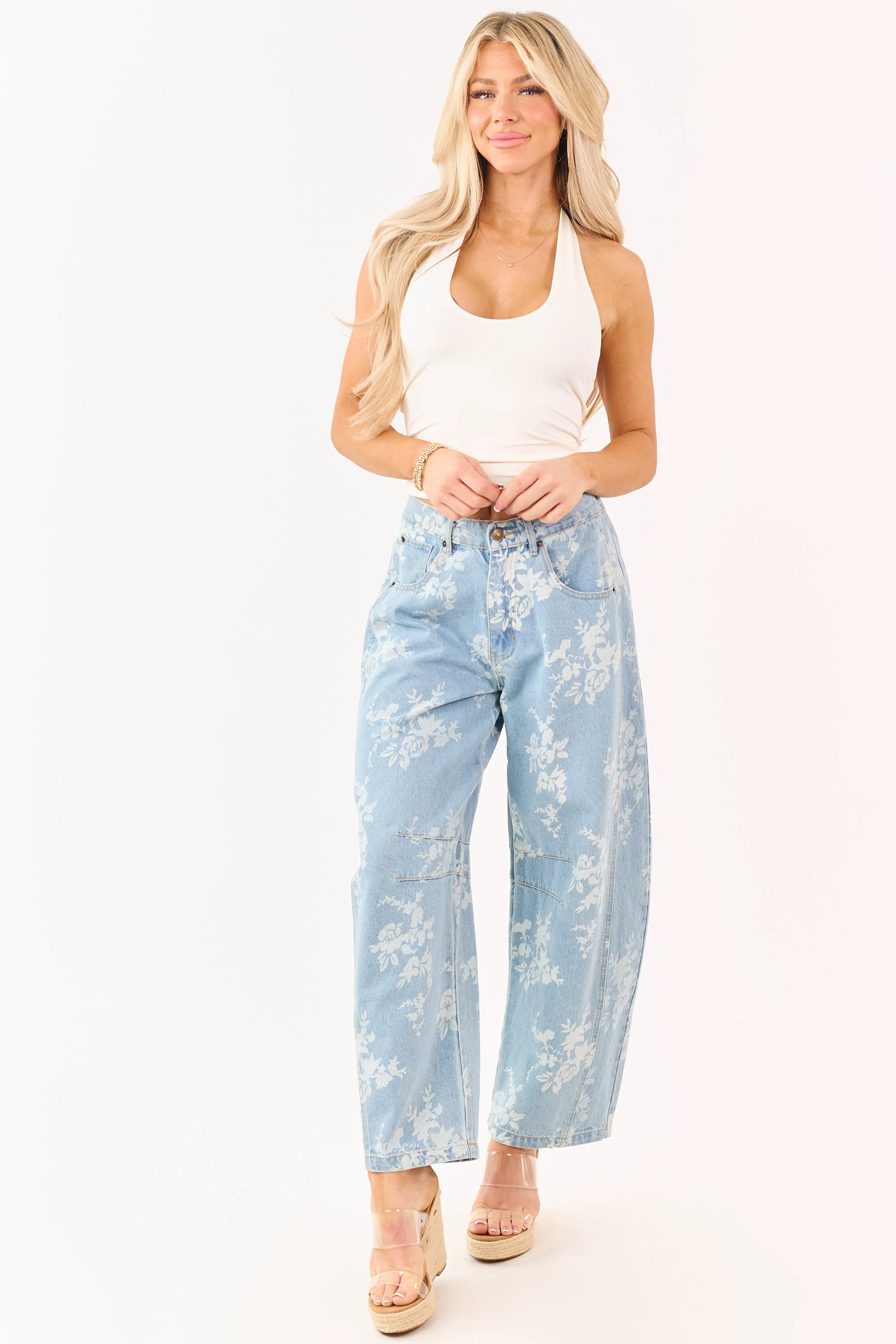 Light Wash Floral Elastic Waist Barrel Jeans sold by Lime Lush product image thumbnail 5