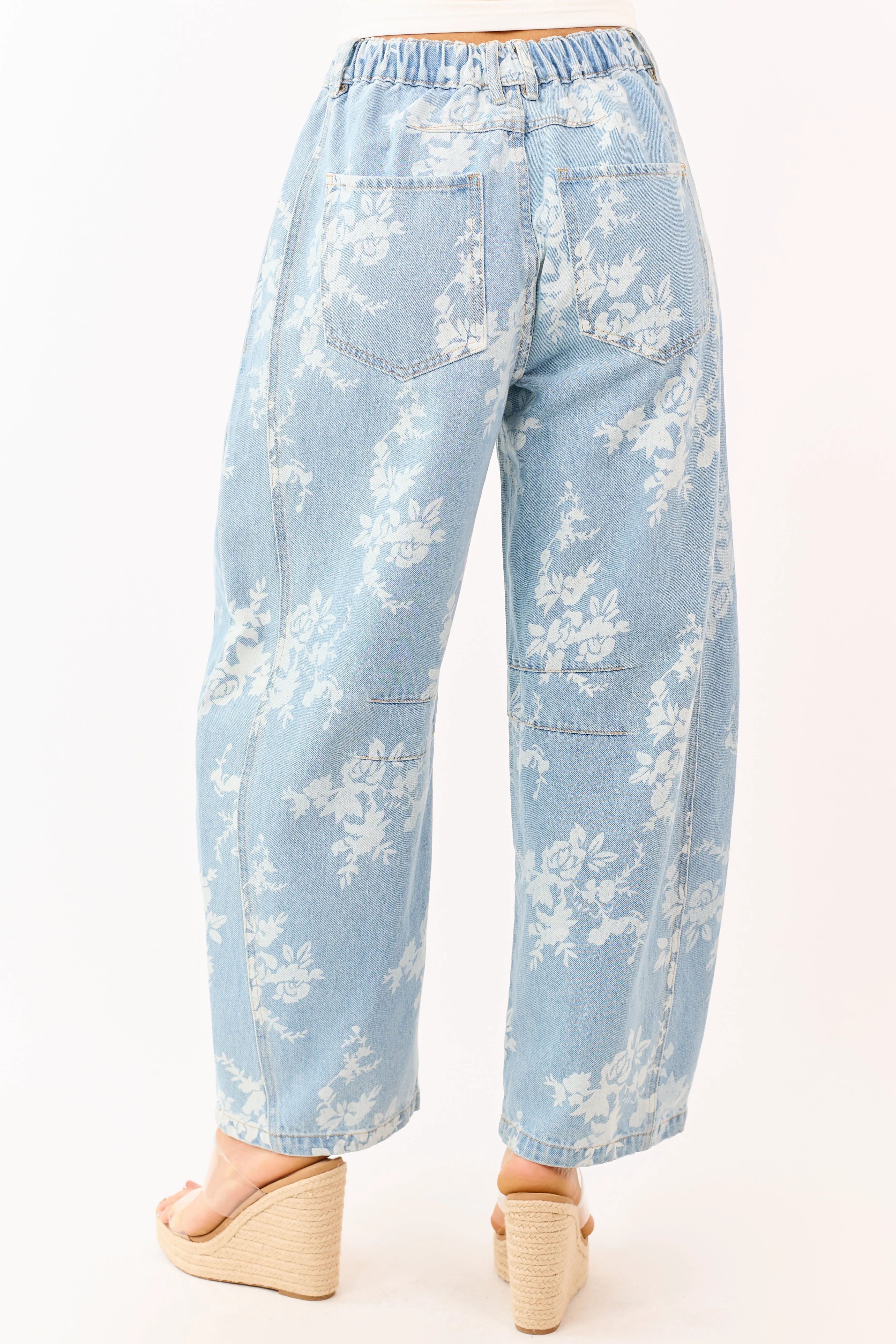 Light Wash Floral Elastic Waist Barrel Jeans sold by Lime Lush product image thumbnail 4