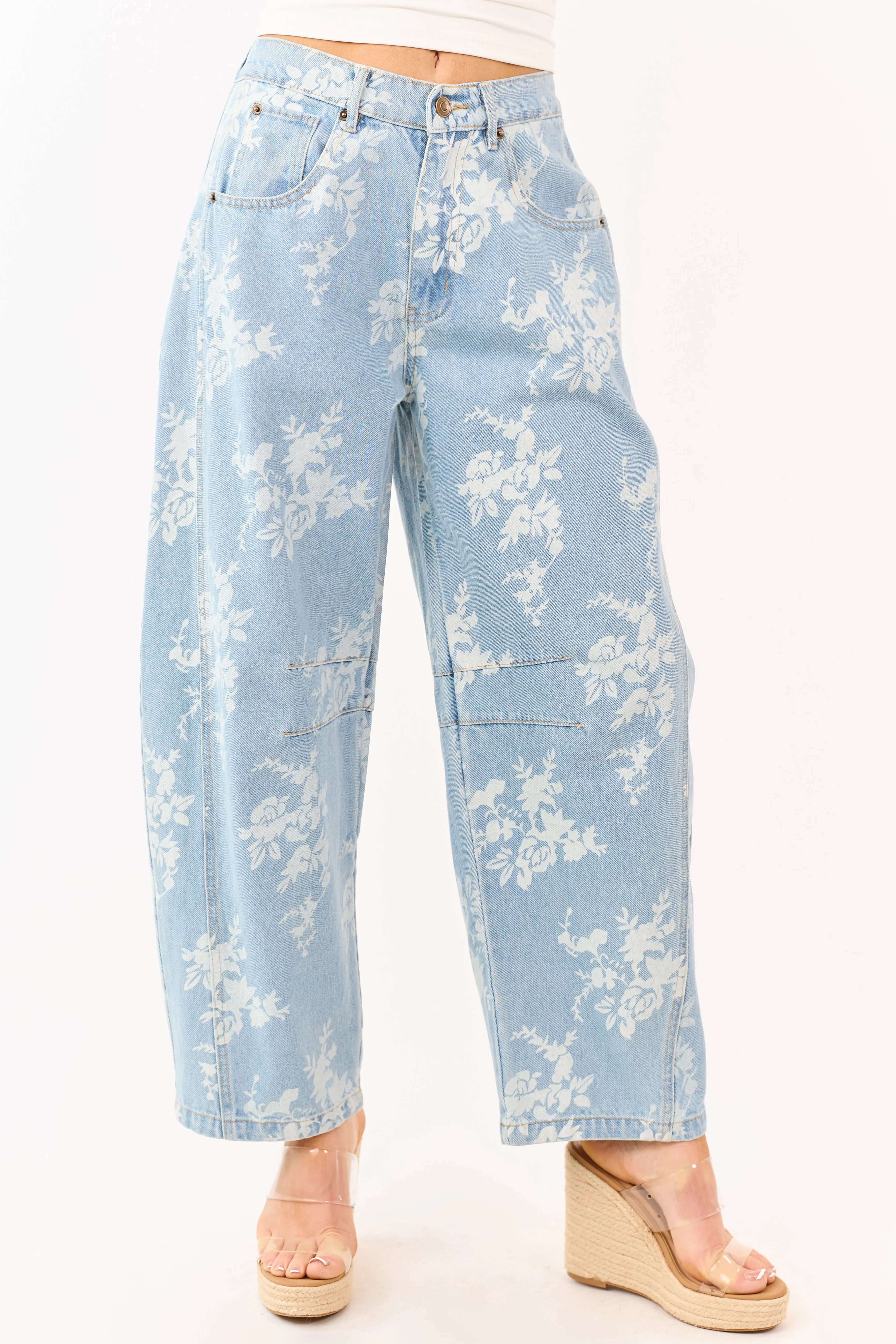 Light Wash Floral Elastic Waist Barrel Jeans sold by Lime Lush product image thumbnail 2