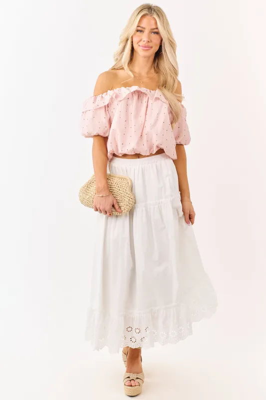 White Daisy Eyelet Hem Tiered Cotton Maxi Skirt sold by Lime Lush