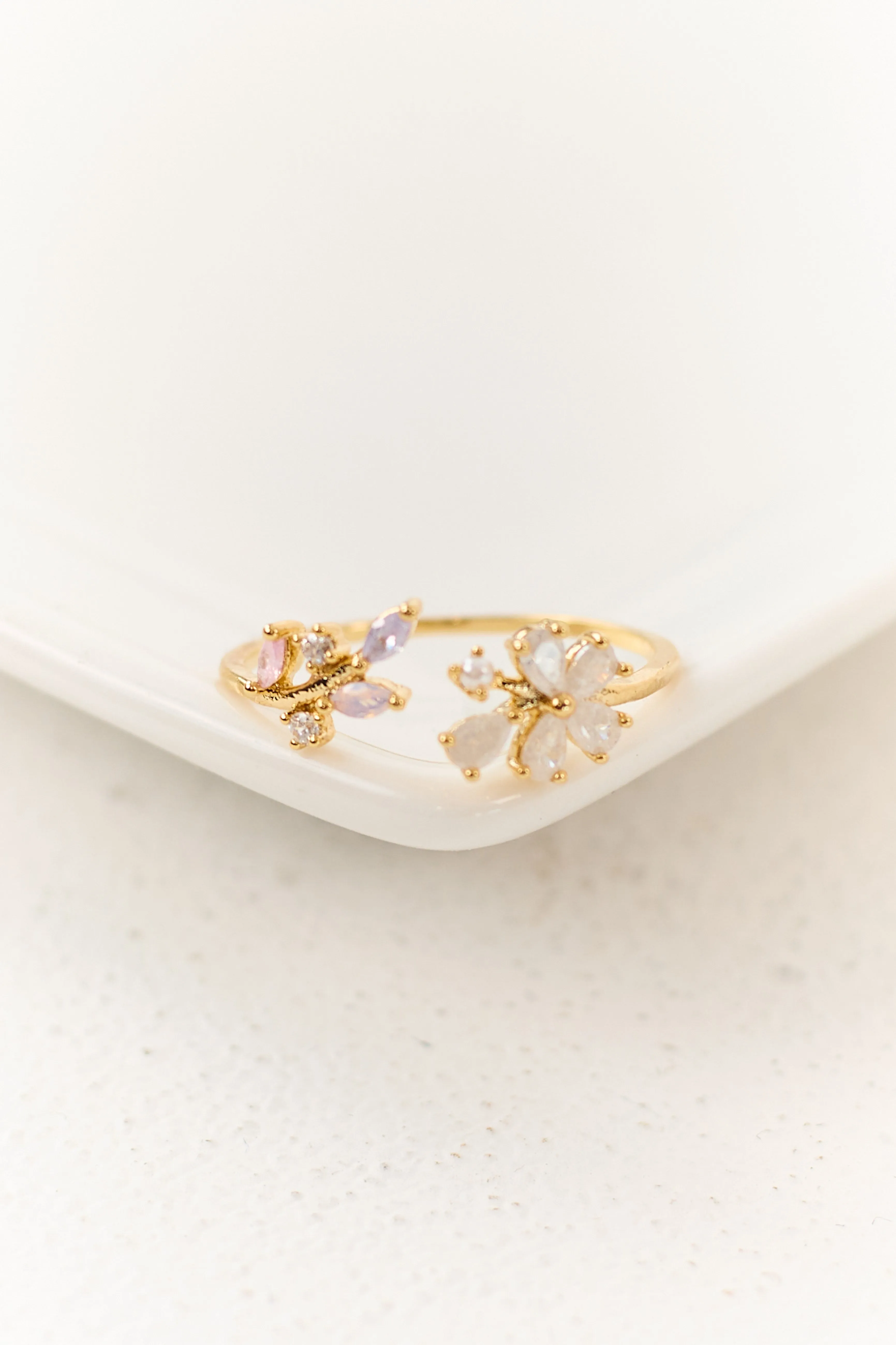 Gold Floral Rhinestone Open Ring sold by Lime Lush