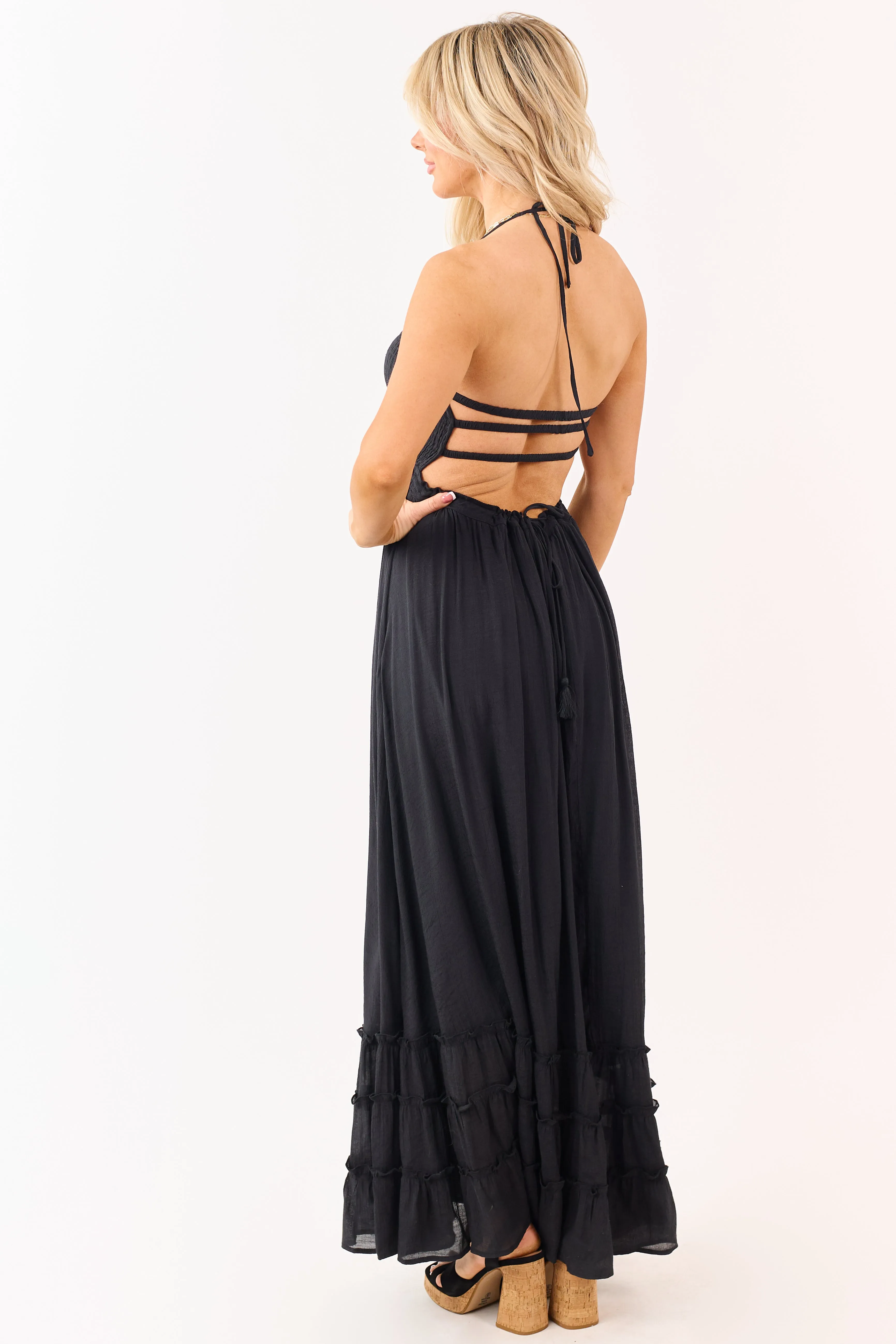 Black Smocked Open Back Halter Maxi Dress sold by Lime Lush product image thumbnail 2