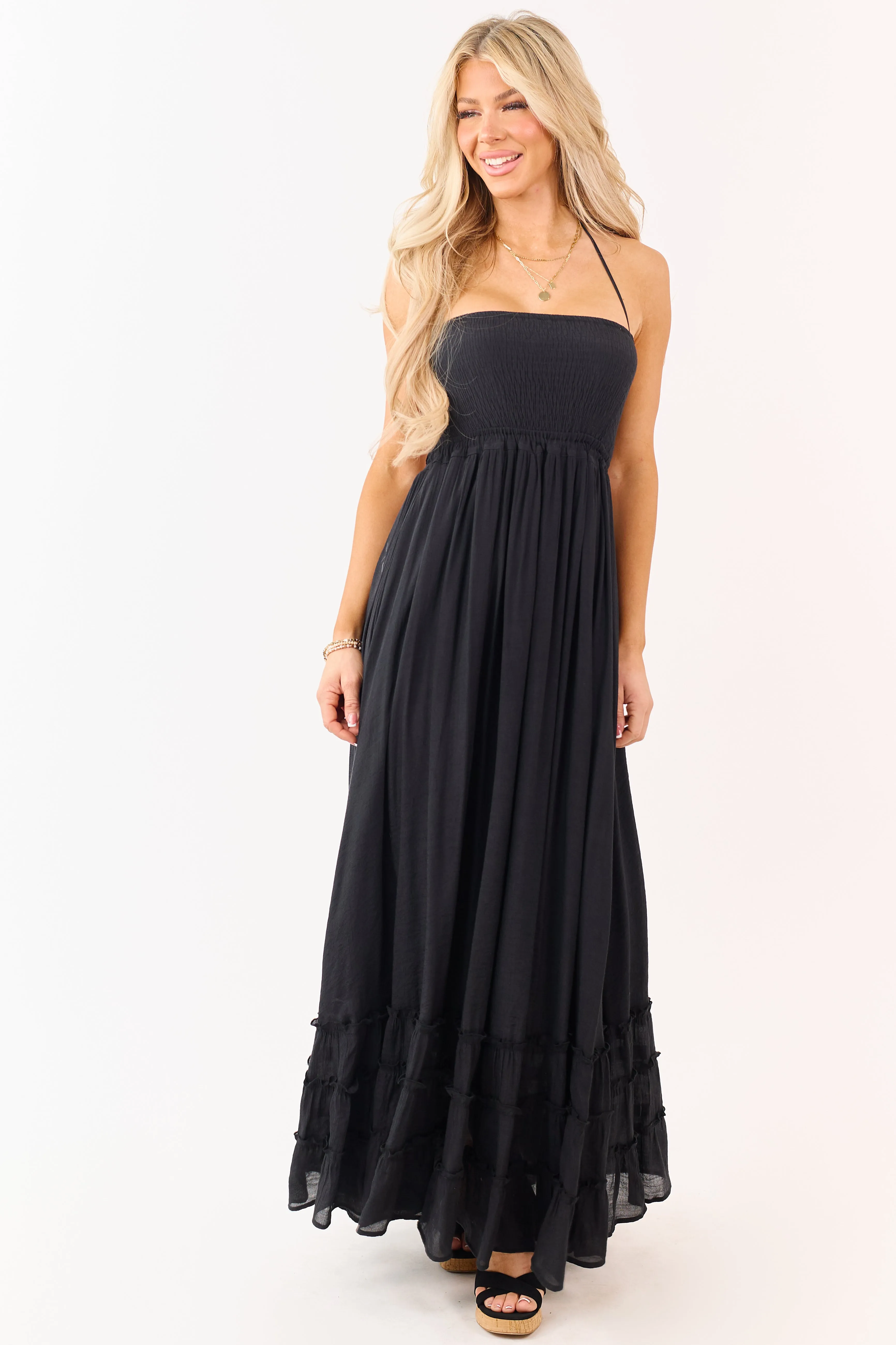 Black Smocked Open Back Halter Maxi Dress sold by Lime Lush product image thumbnail 5