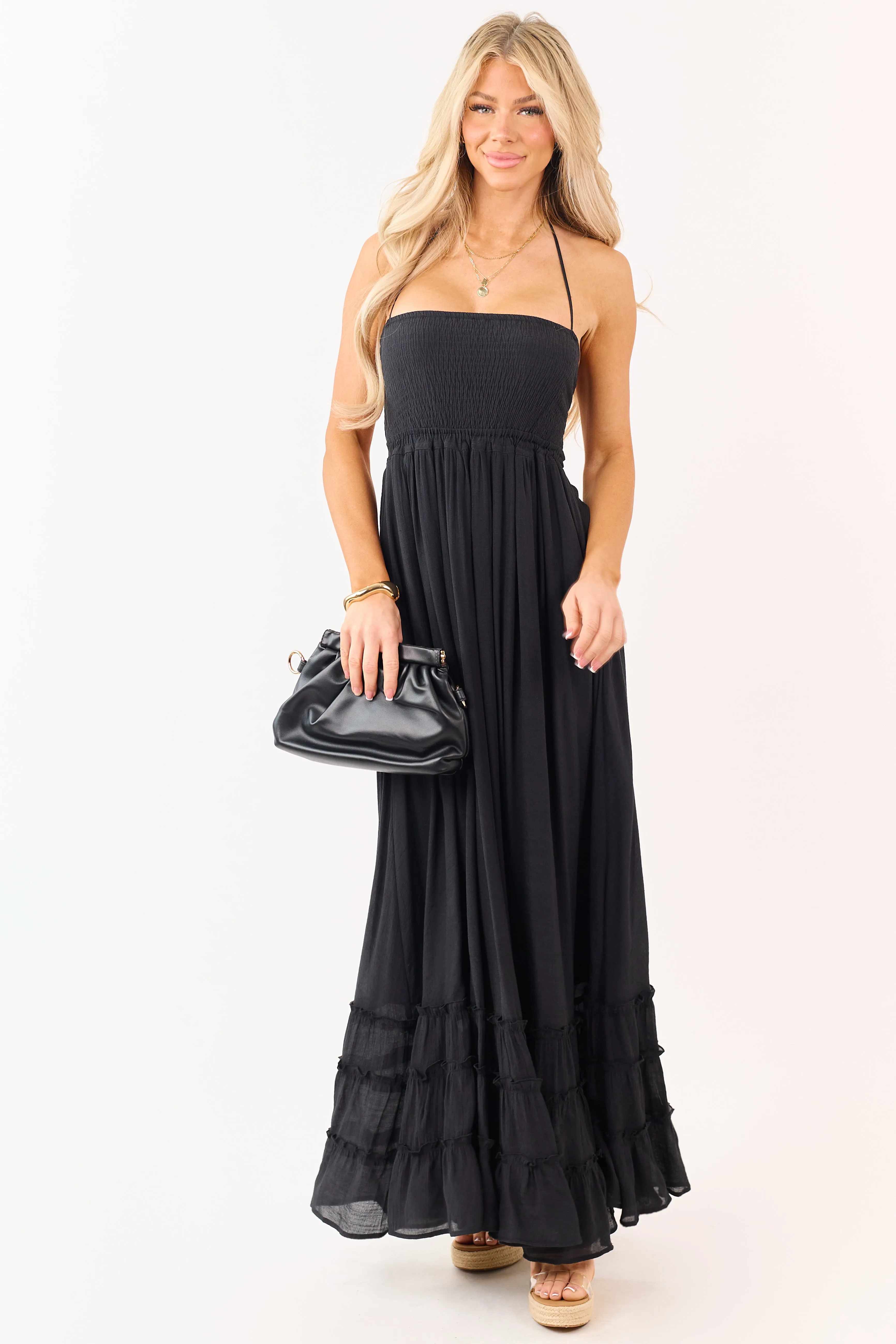 Black Smocked Open Back Halter Maxi Dress sold by Lime Lush