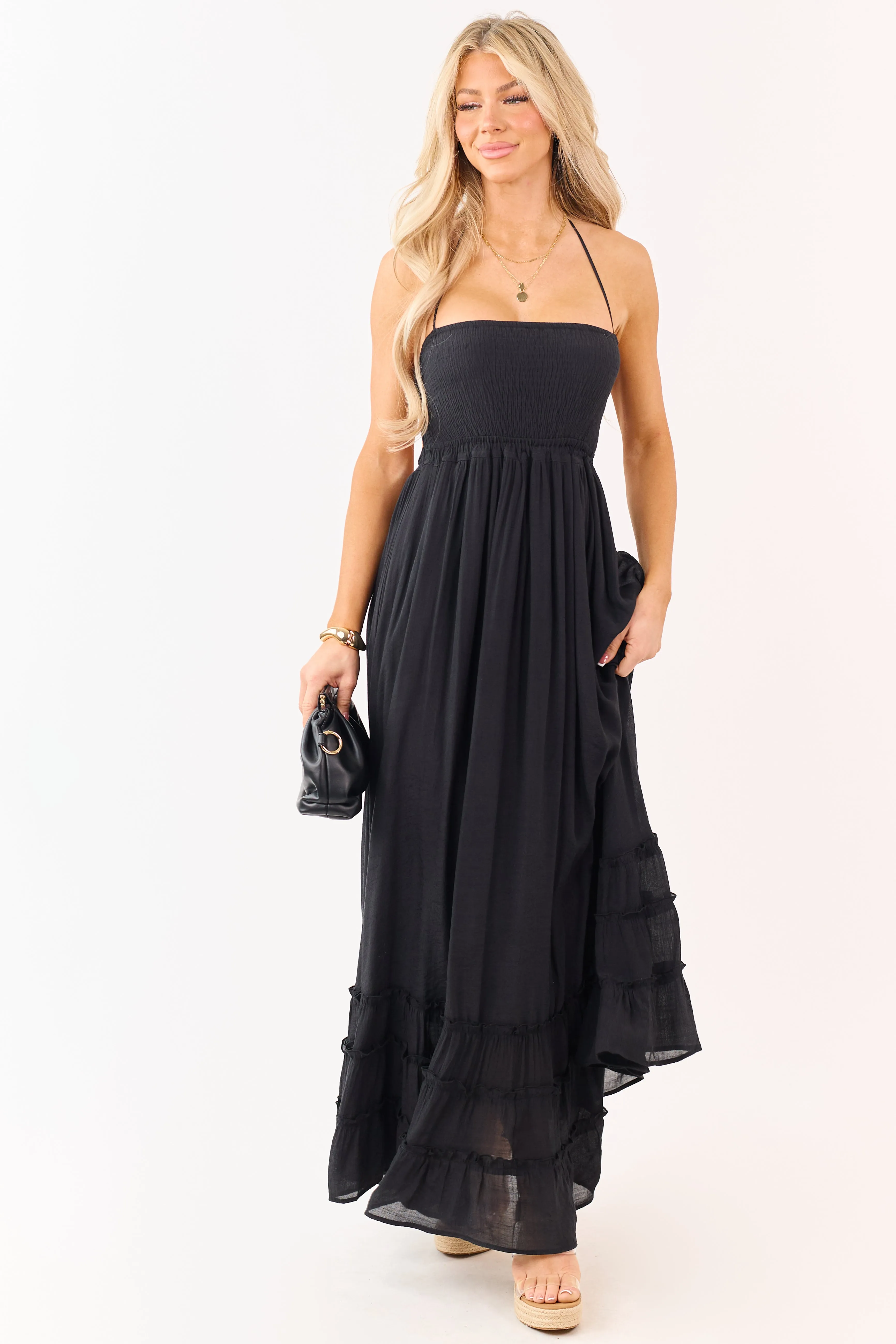 Black Smocked Open Back Halter Maxi Dress sold by Lime Lush product image thumbnail 3