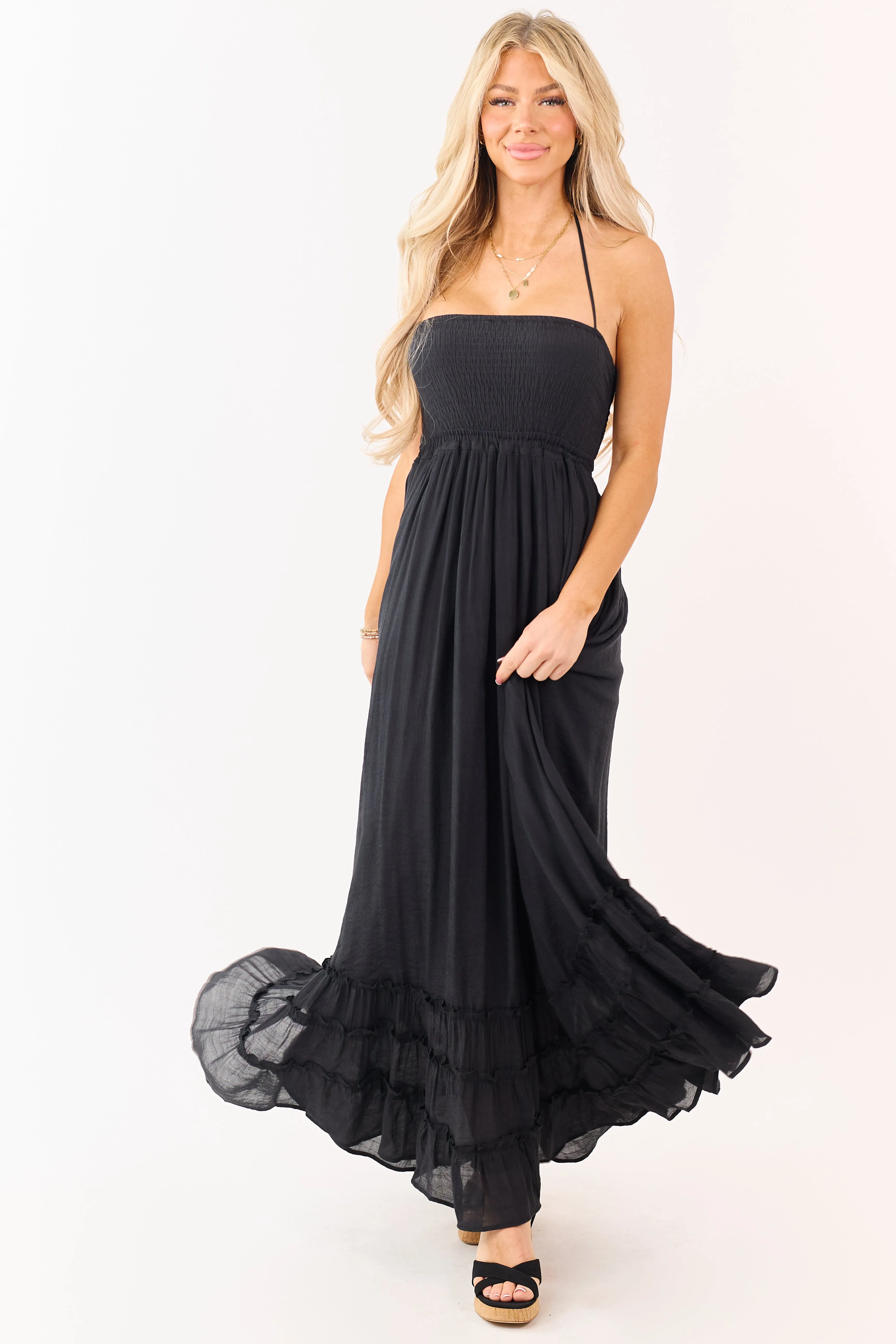 Black Smocked Open Back Halter Maxi Dress sold by Lime Lush product image thumbnail 4