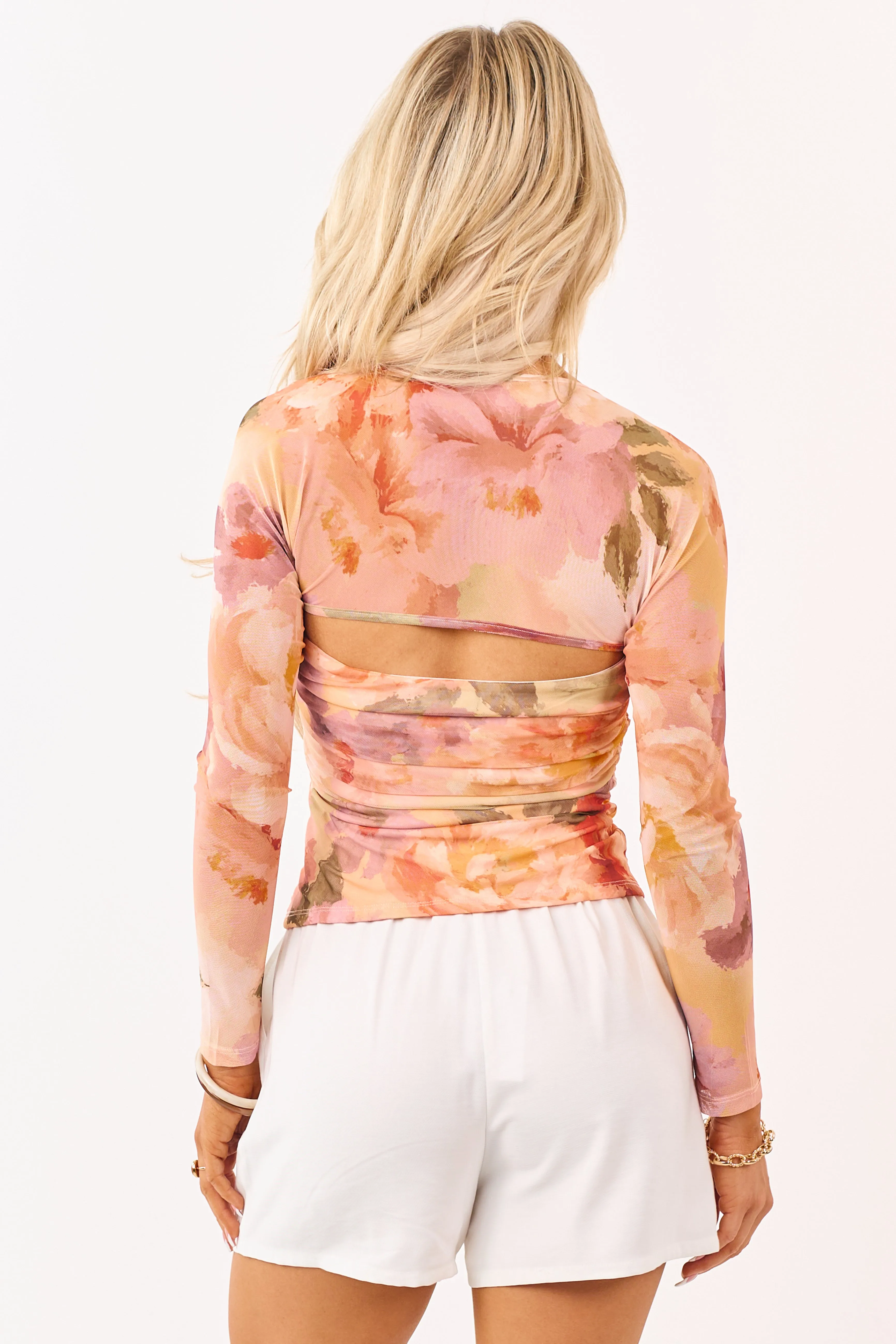 Peach Floral Mesh Bolero Ruched Long Sleeve Top sold by Lime Lush product image thumbnail 5