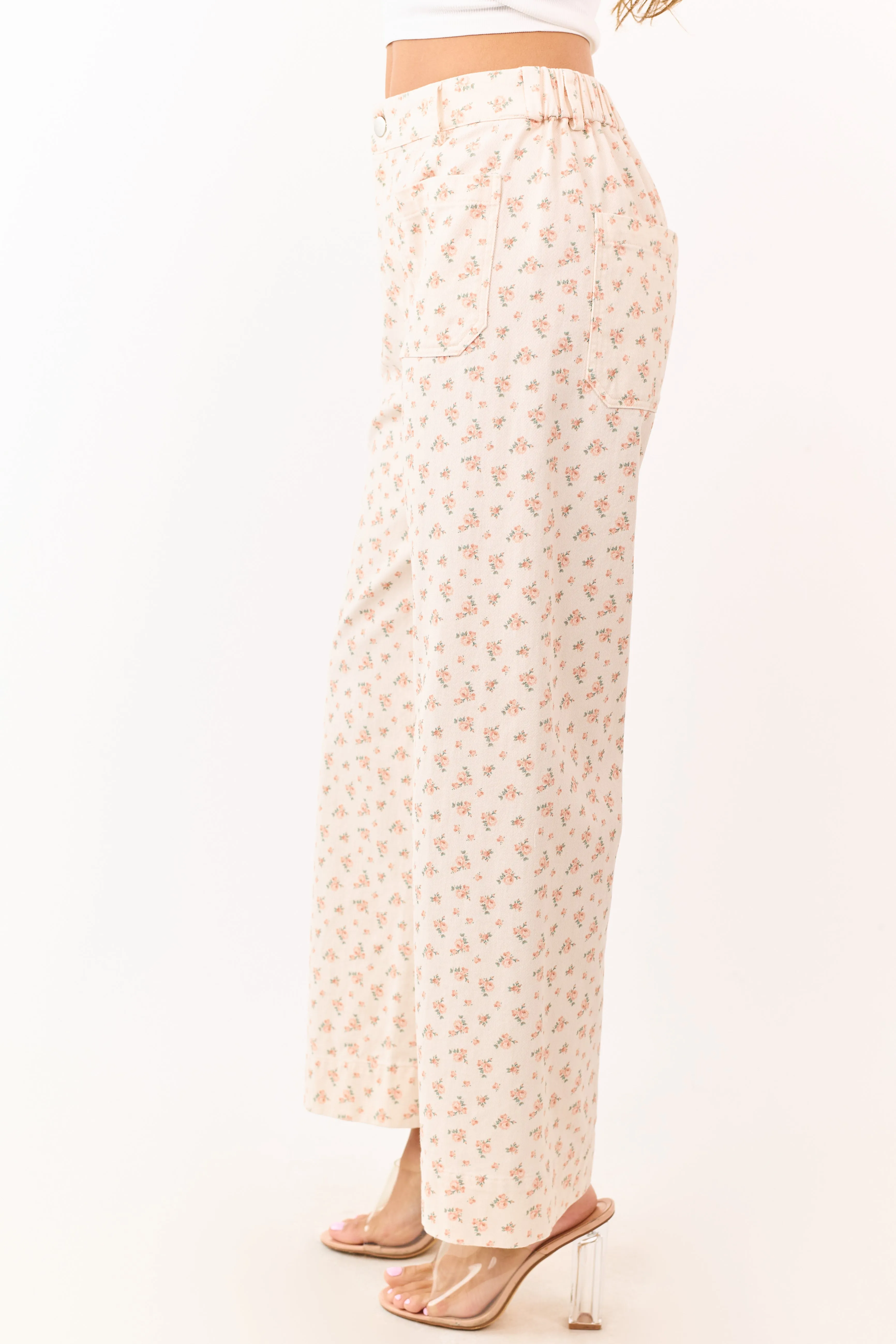 Peach Ditsy Floral Patch Pocket Wide Leg Jeans sold by Lime Lush product image thumbnail 3