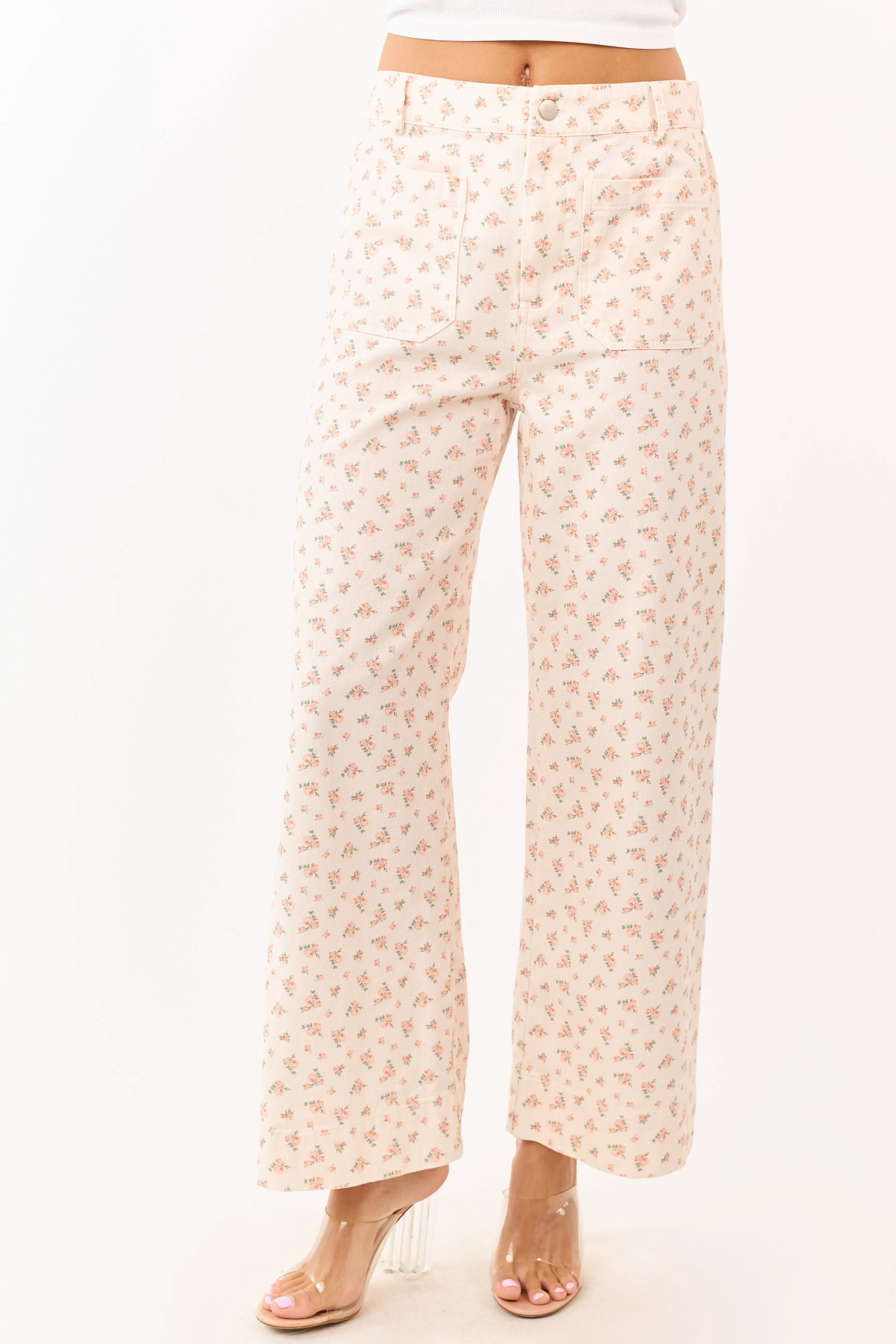 Peach Ditsy Floral Patch Pocket Wide Leg Jeans sold by Lime Lush product image thumbnail 2