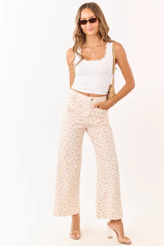 Peach Ditsy Floral Patch Pocket Wide Leg Jeans made by mittoshop