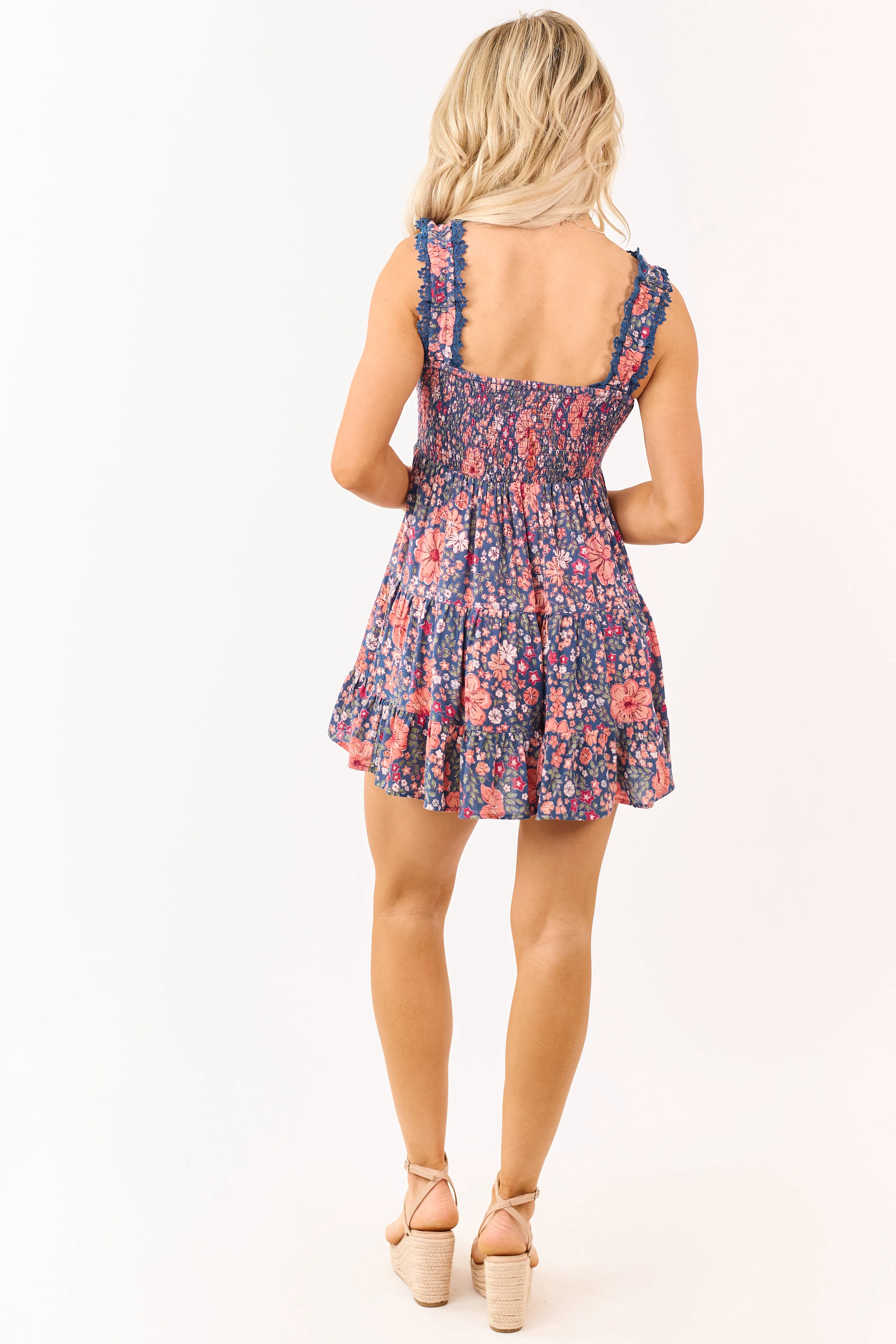 Sea Blue Floral Print Lace Trim Mini Dress sold by Lime Lush product image thumbnail 5