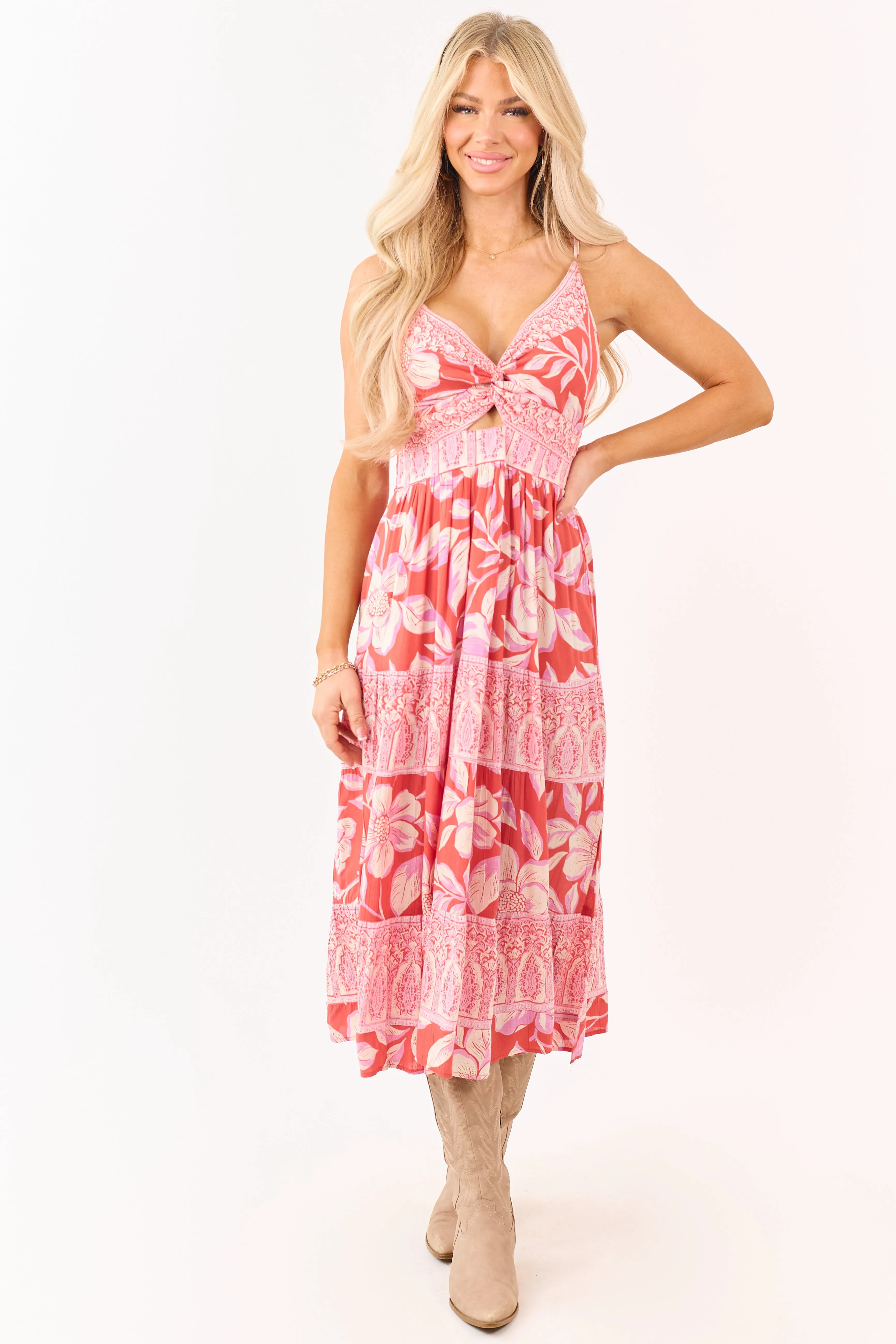 Punch Floral Print Front Twist Tiered Maxi Dress sold by Lime Lush product image thumbnail 4