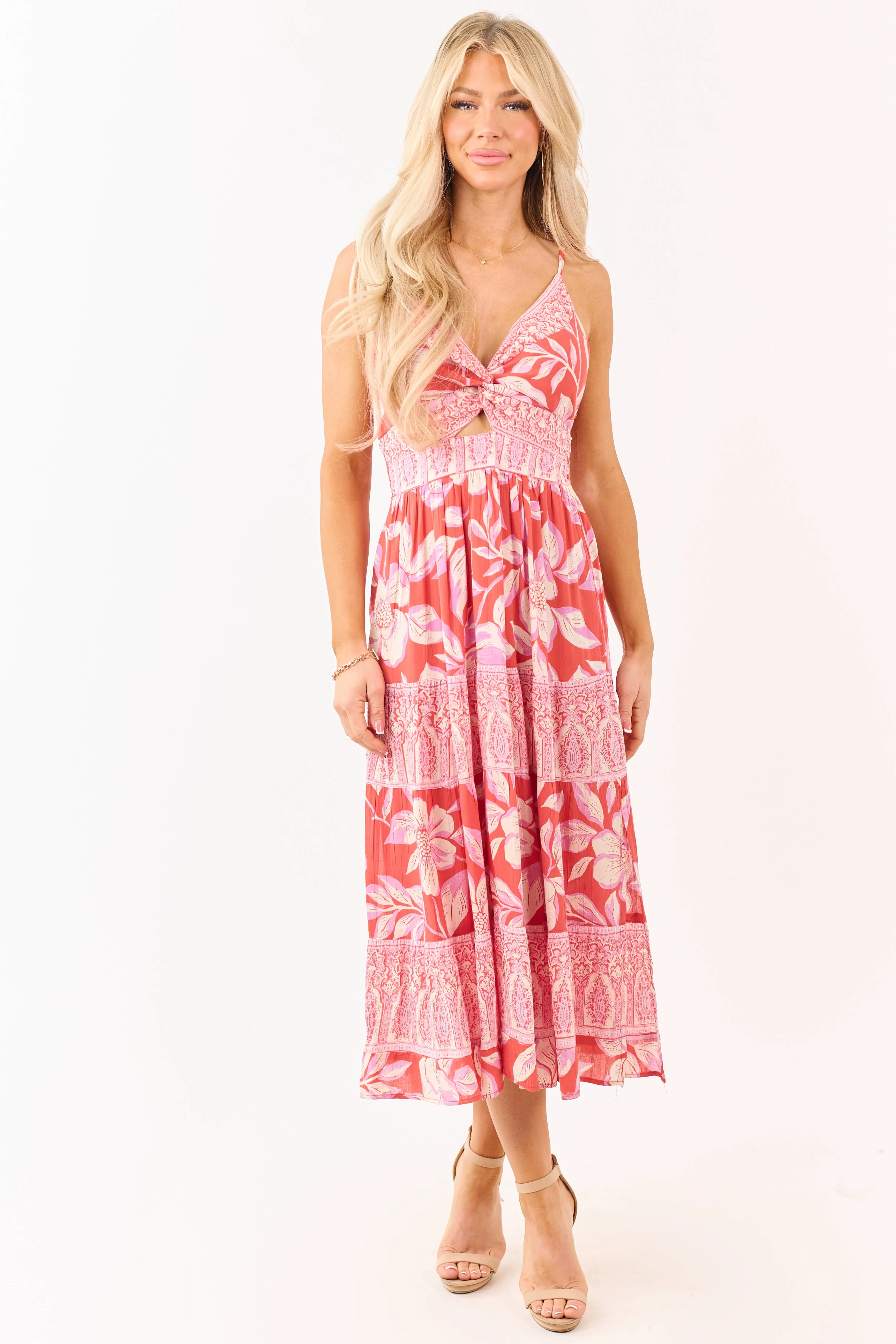 Punch Floral Print Front Twist Tiered Maxi Dress sold by Lime Lush