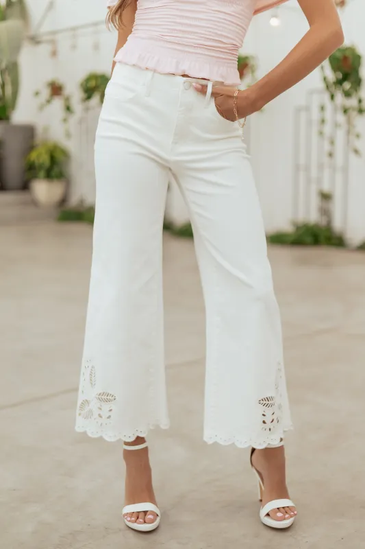 Risen White Tummy Control Embroidered Wide Leg Jeans sold by Lime Lush