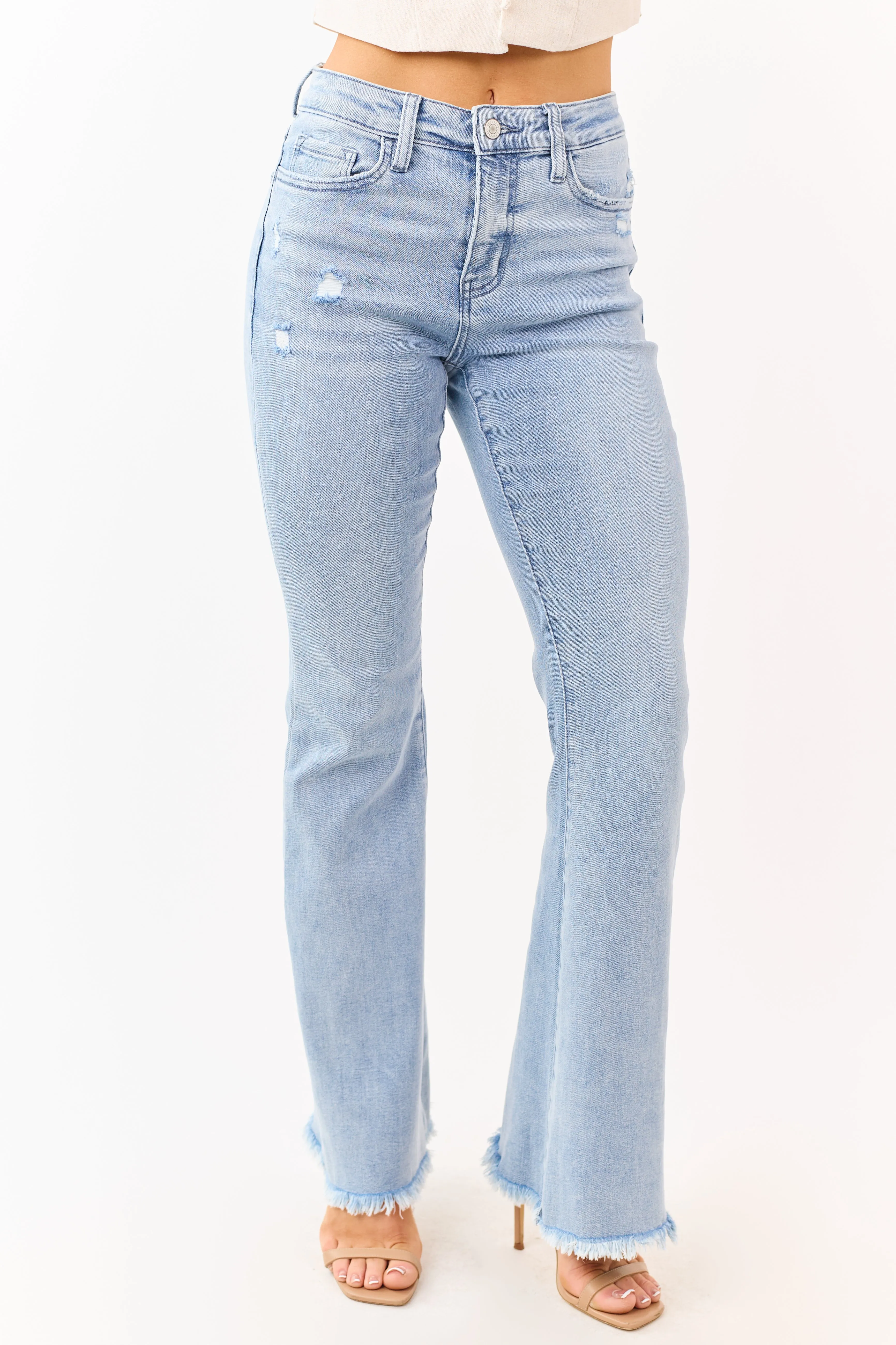 Vervet Light Wash Frayed Hem Stretchy Flare Jeans sold by Lime Lush product image thumbnail 3