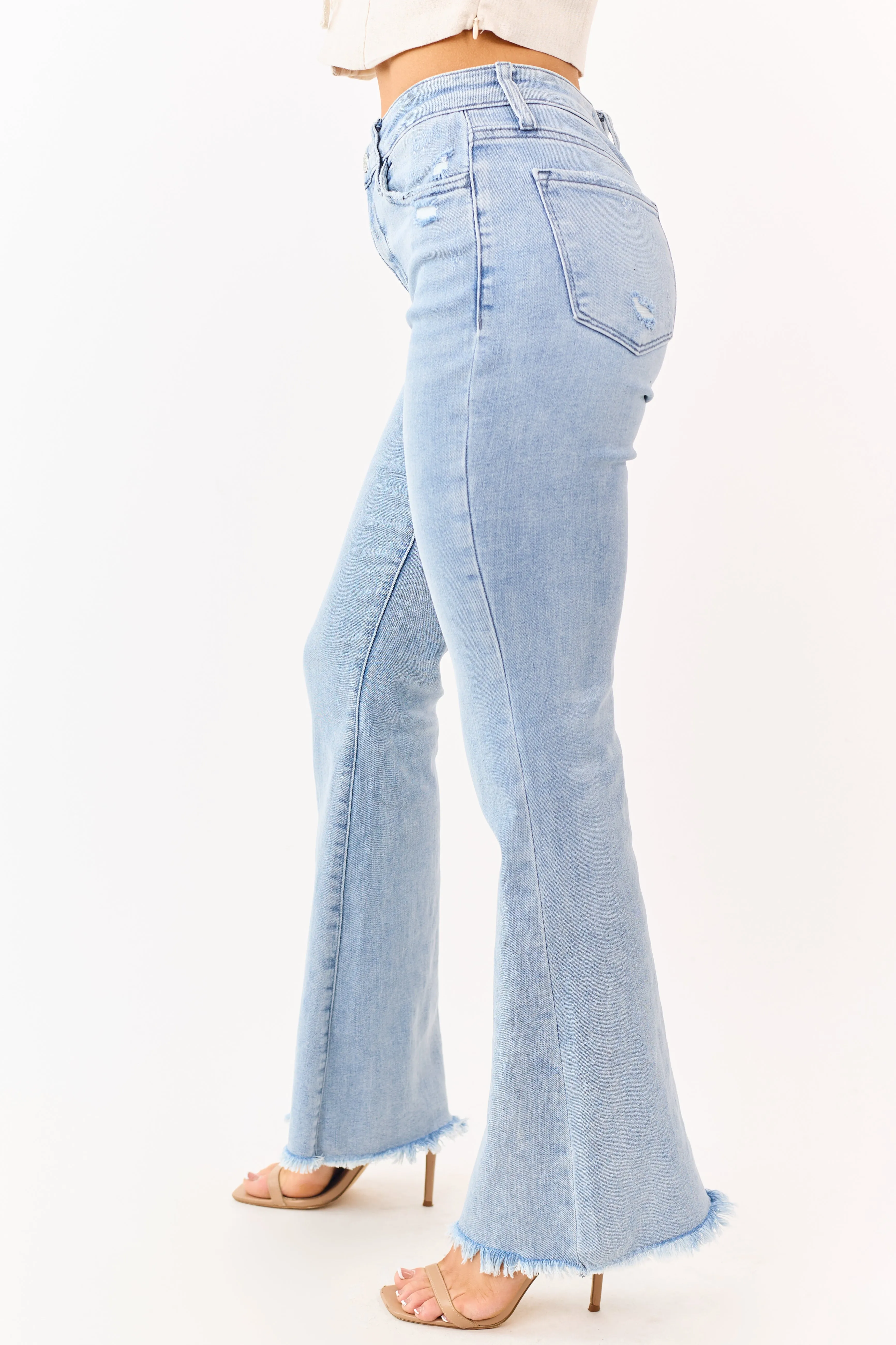 Vervet Light Wash Frayed Hem Stretchy Flare Jeans sold by Lime Lush