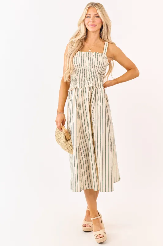 Desert Sand Striped Cotton Smocked Midi Dress made by Day + Moon