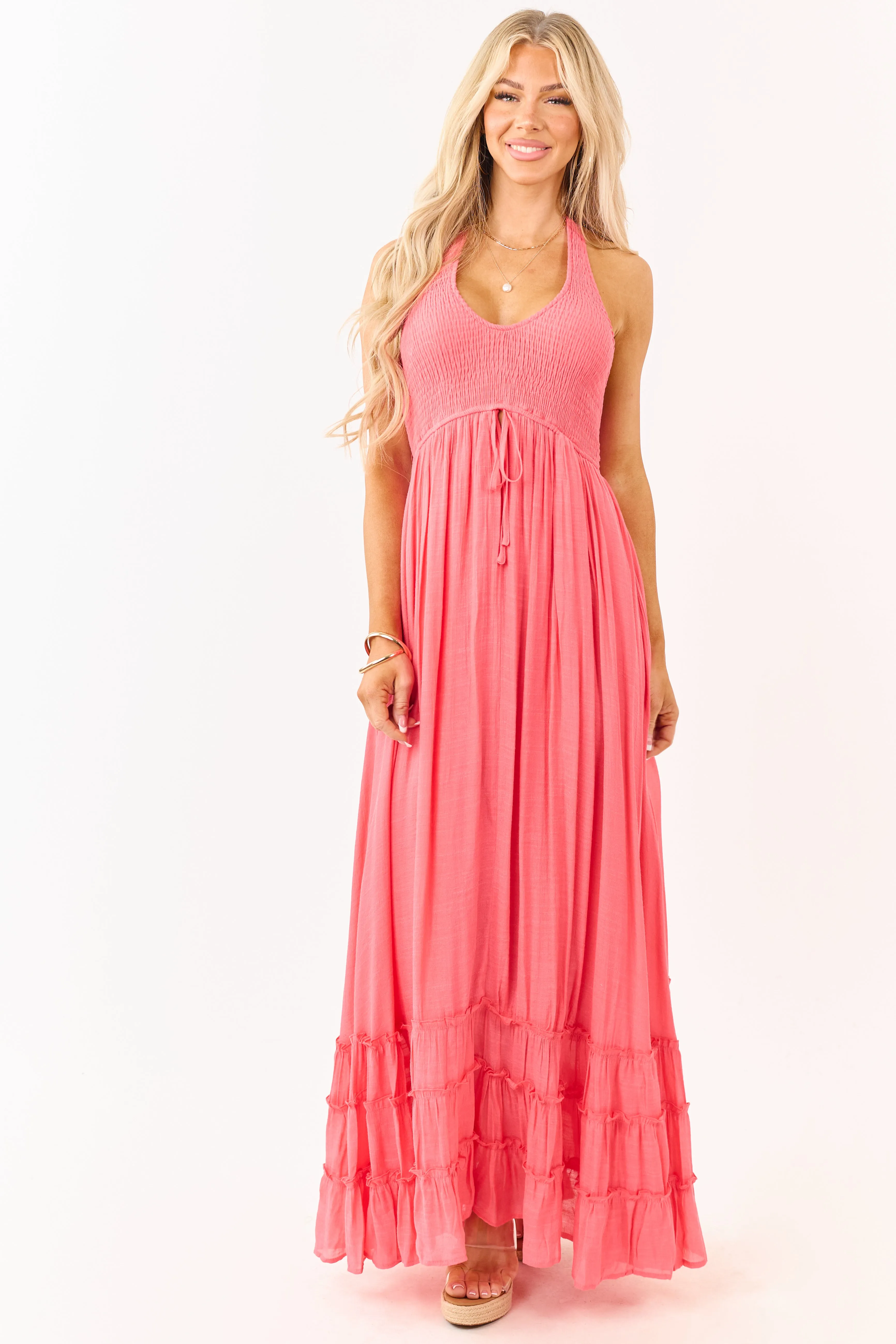 Watermelon Smocked Halter Neck Flowy Maxi Dress sold by Lime Lush product image thumbnail 2