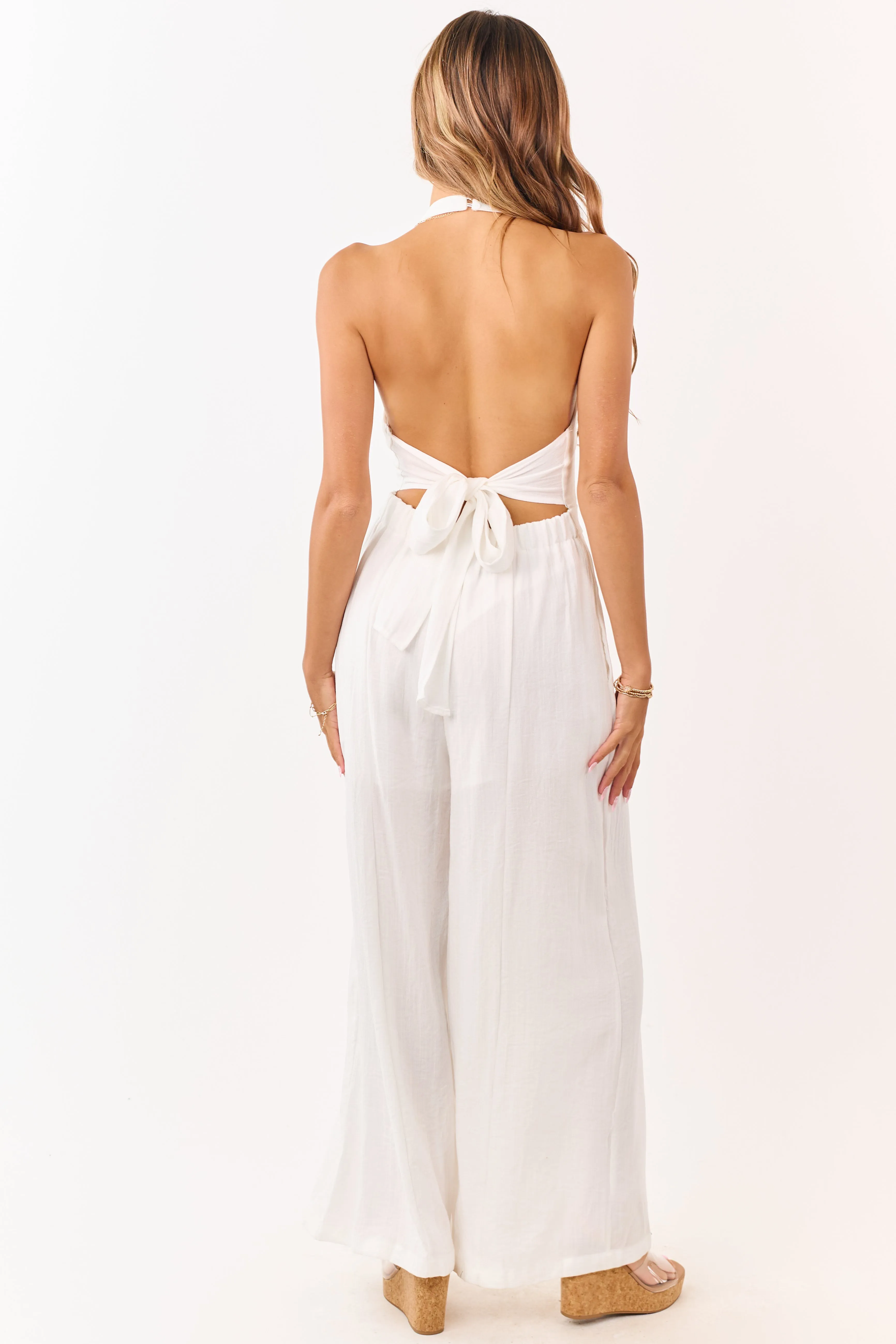 Ivory Halter Neck Buttoned Wide Leg Jumpsuit sold by Lime Lush product image thumbnail 5