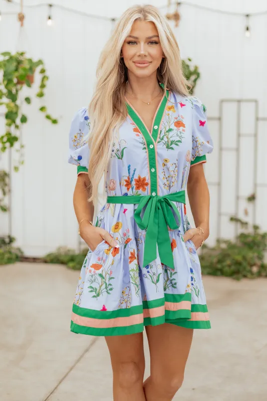 Entro Powder Blue Cotton Vintage Floral Mini Dress made by entro