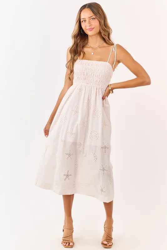 Light Tea Rose Smocked Eyelet Cotton Midi Dress sold by Lime Lush