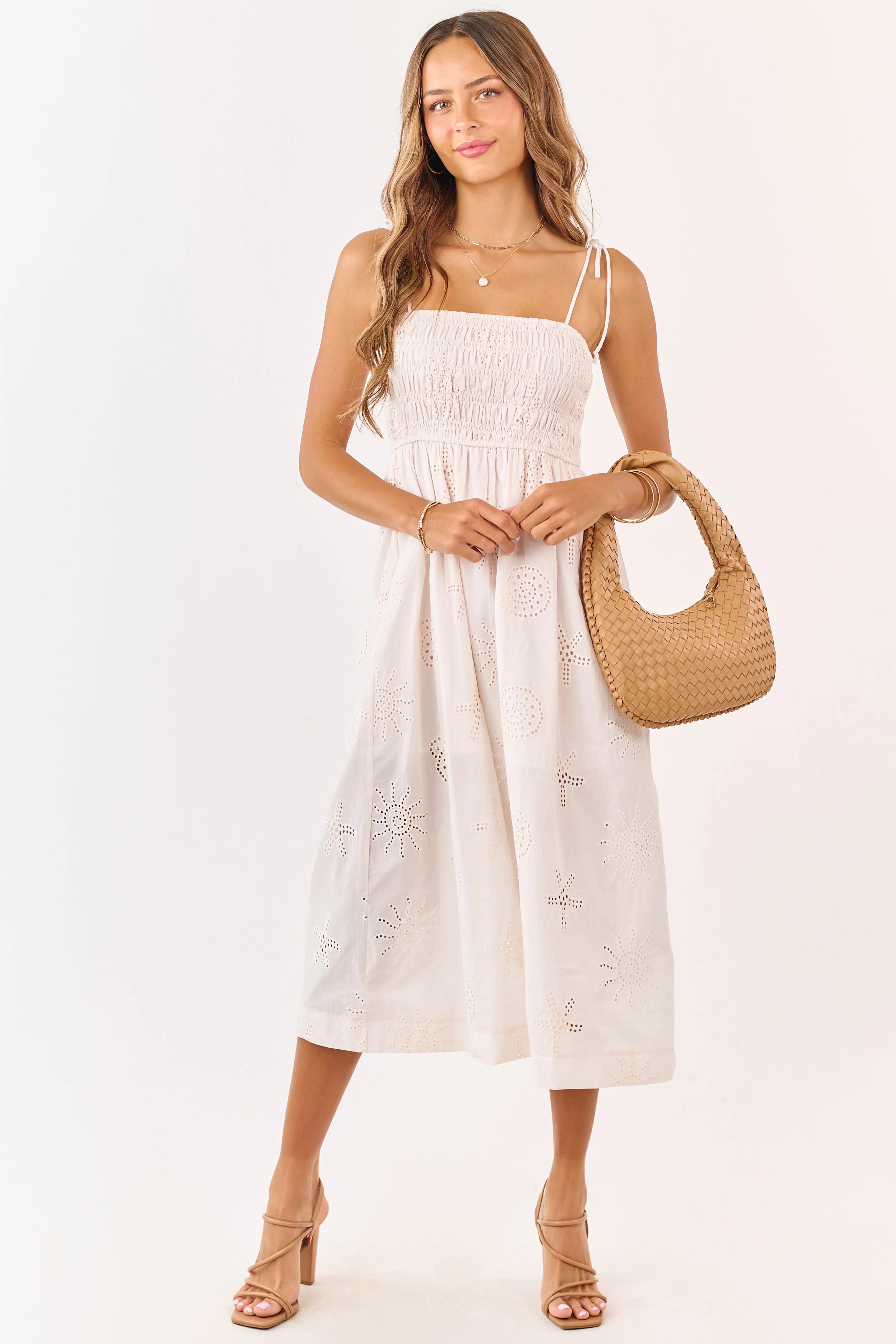 Light Tea Rose Smocked Eyelet Cotton Midi Dress sold by Lime Lush product image thumbnail 4