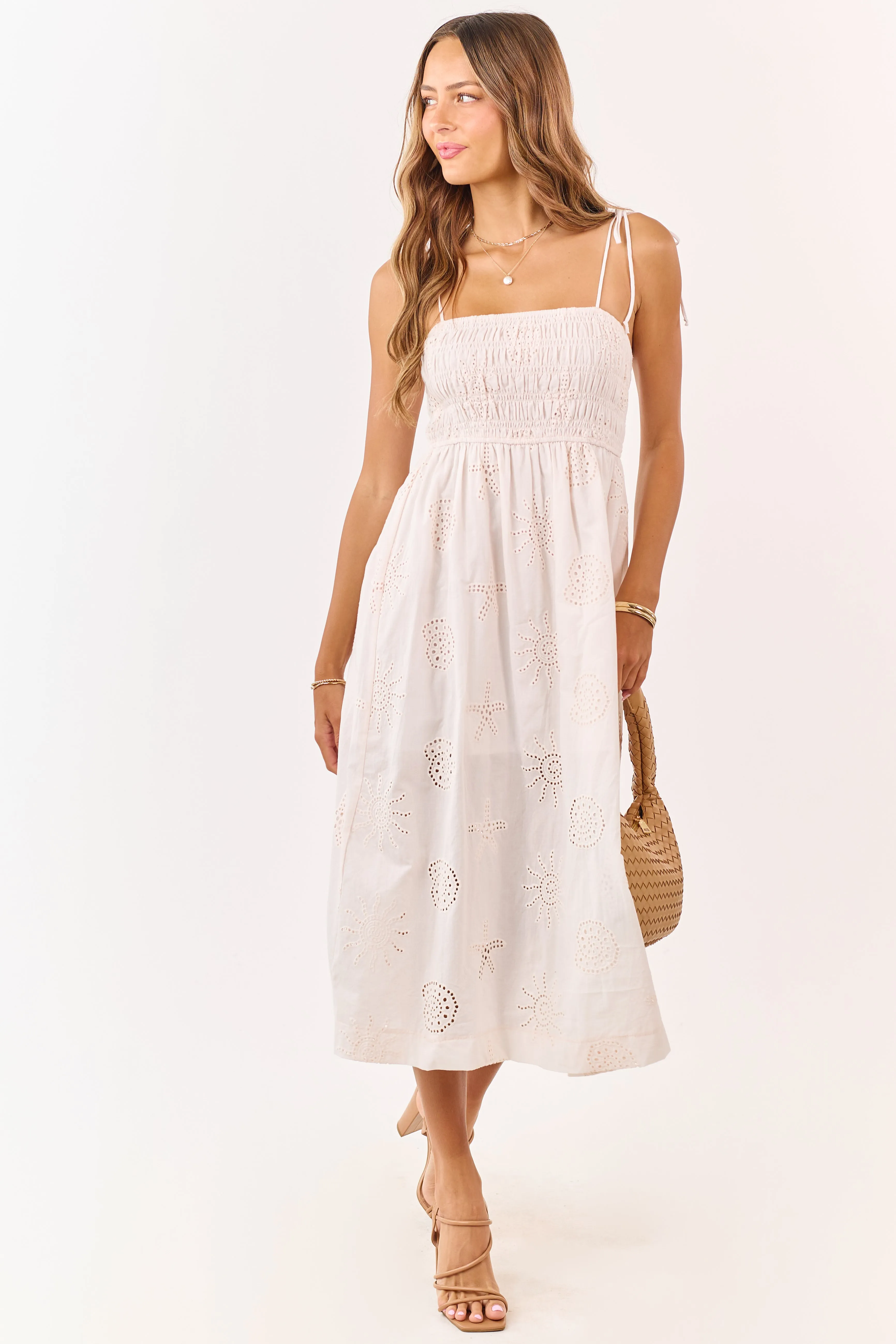 Light Tea Rose Smocked Eyelet Cotton Midi Dress sold by Lime Lush product image thumbnail 3