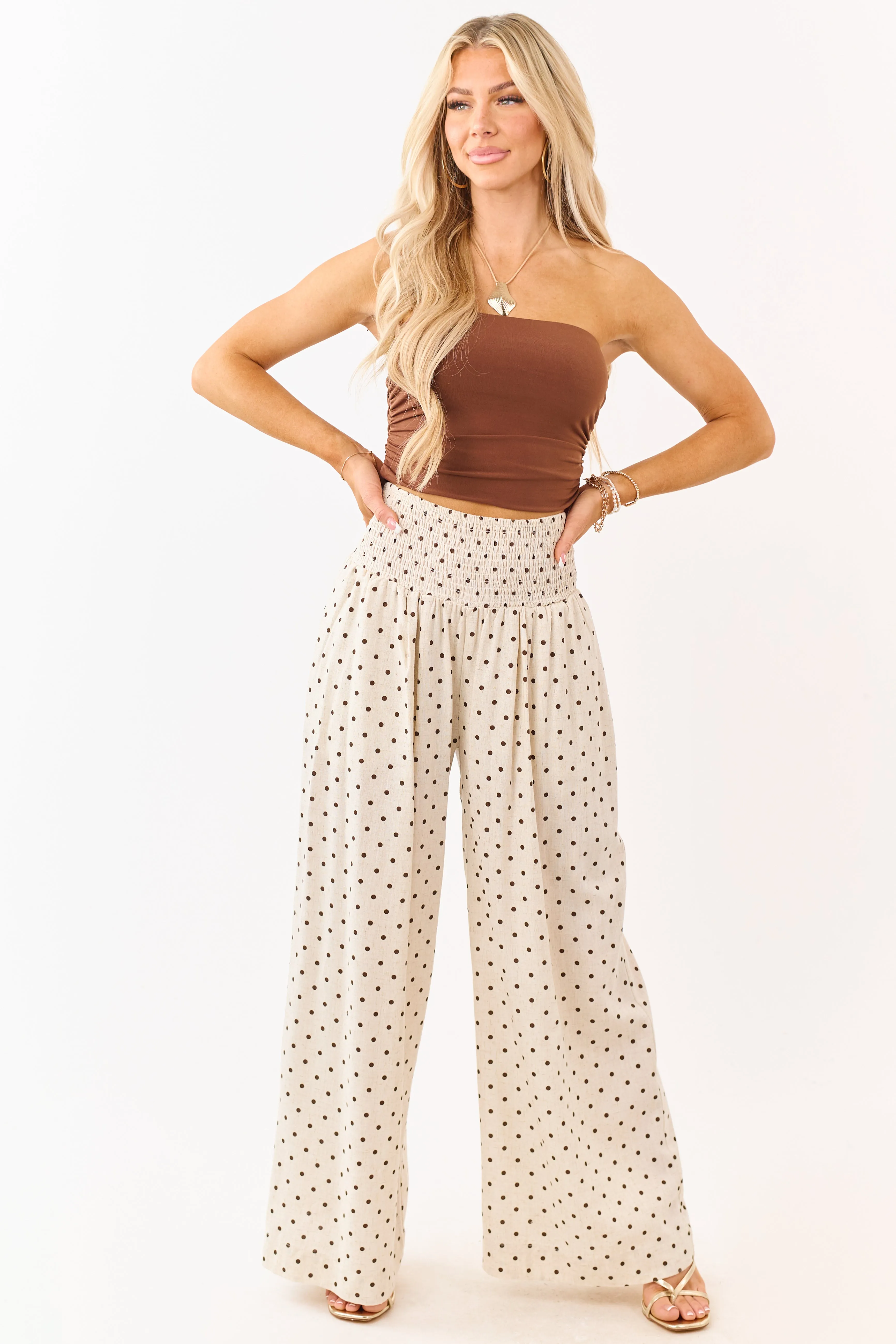 Almond and Cocoa Polka Dot Smocked Waist Pants sold by Lime Lush product image thumbnail 5