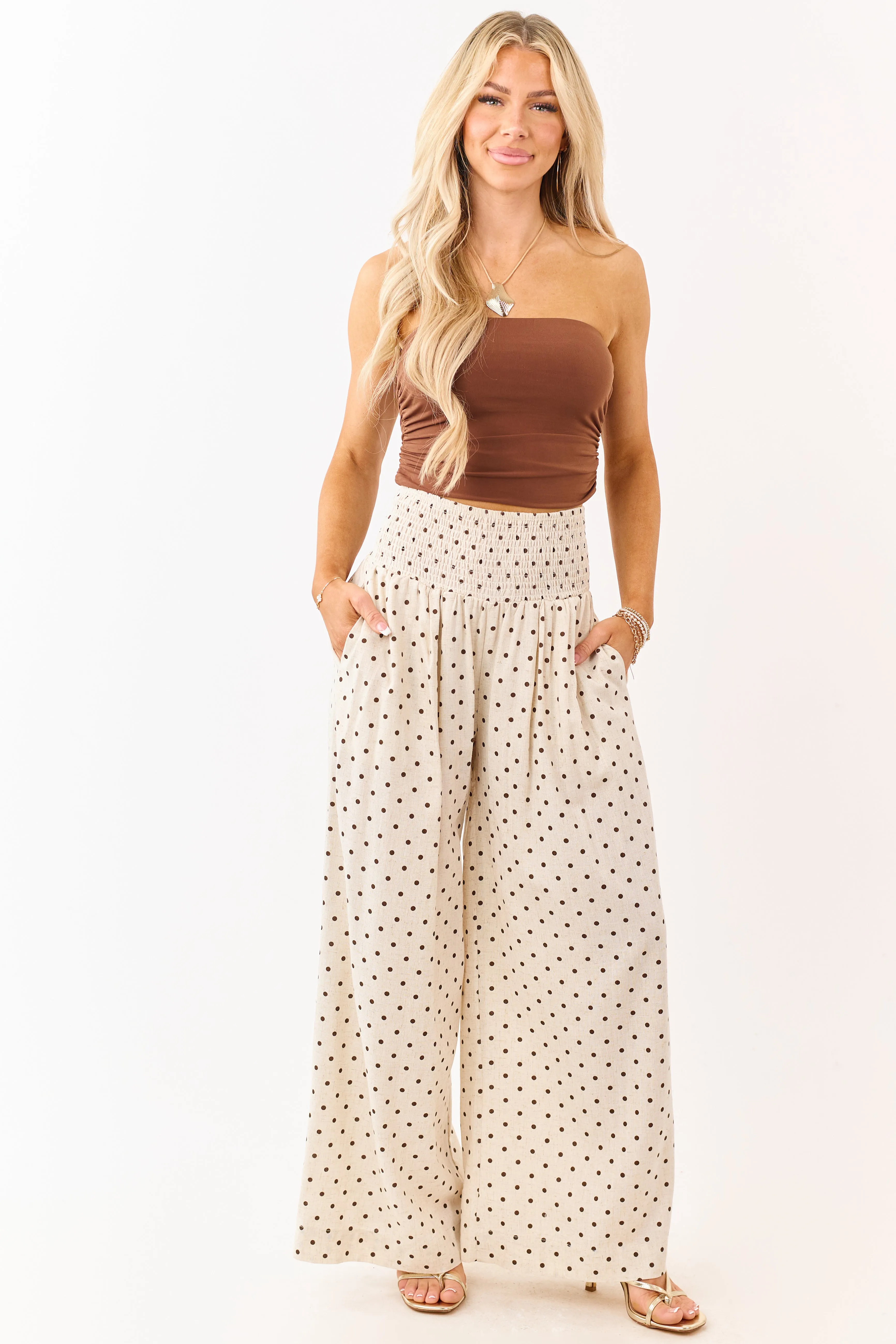 Almond and Cocoa Polka Dot Smocked Waist Pants sold by Lime Lush