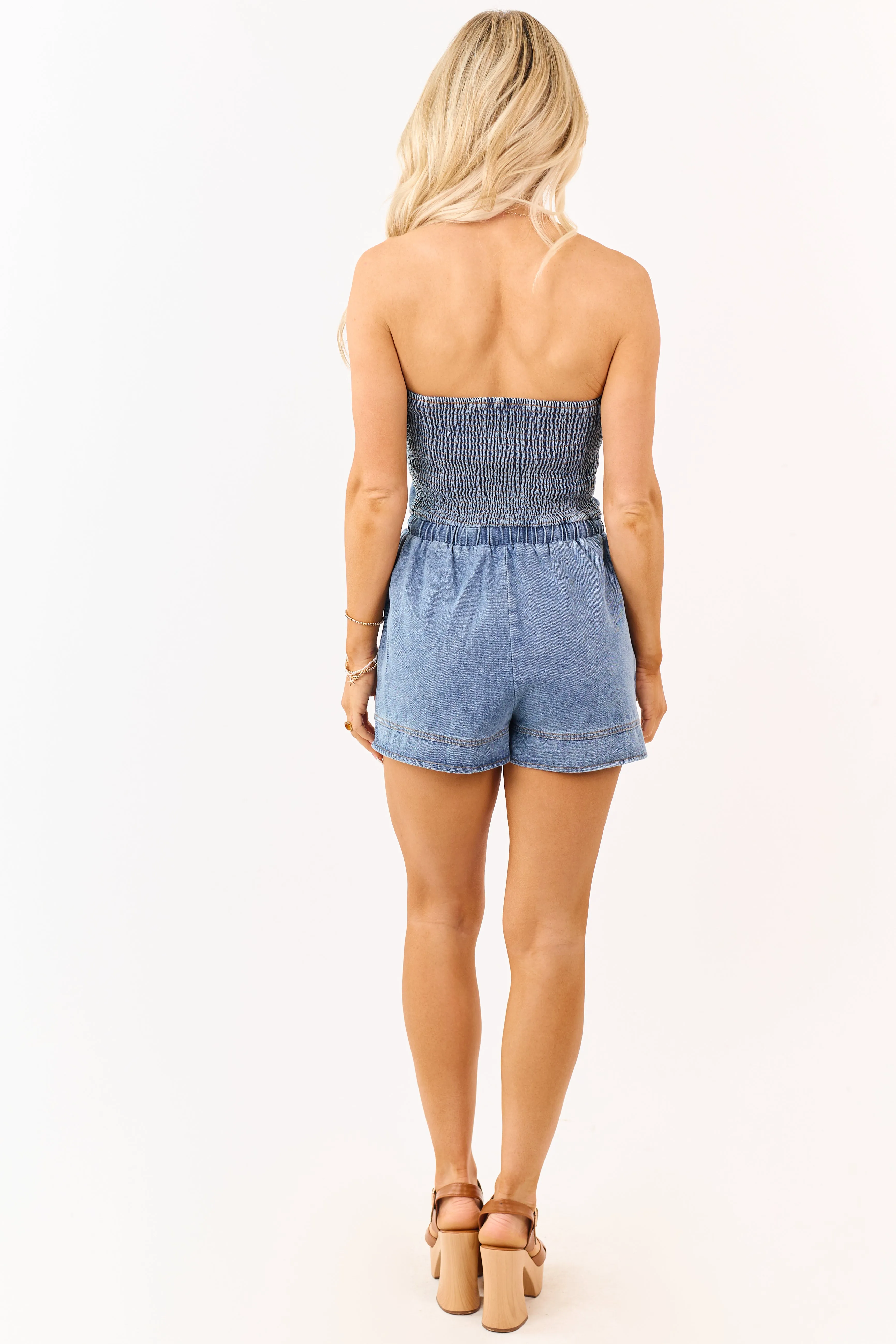 Medium Wash Denim Strapless Elastic Waist Romper sold by Lime Lush product image thumbnail 5