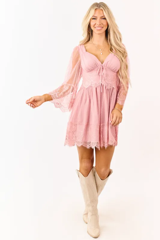 Deep Dusty Blush Dotted Lace Open Back Mini Dress sold by Lime Lush