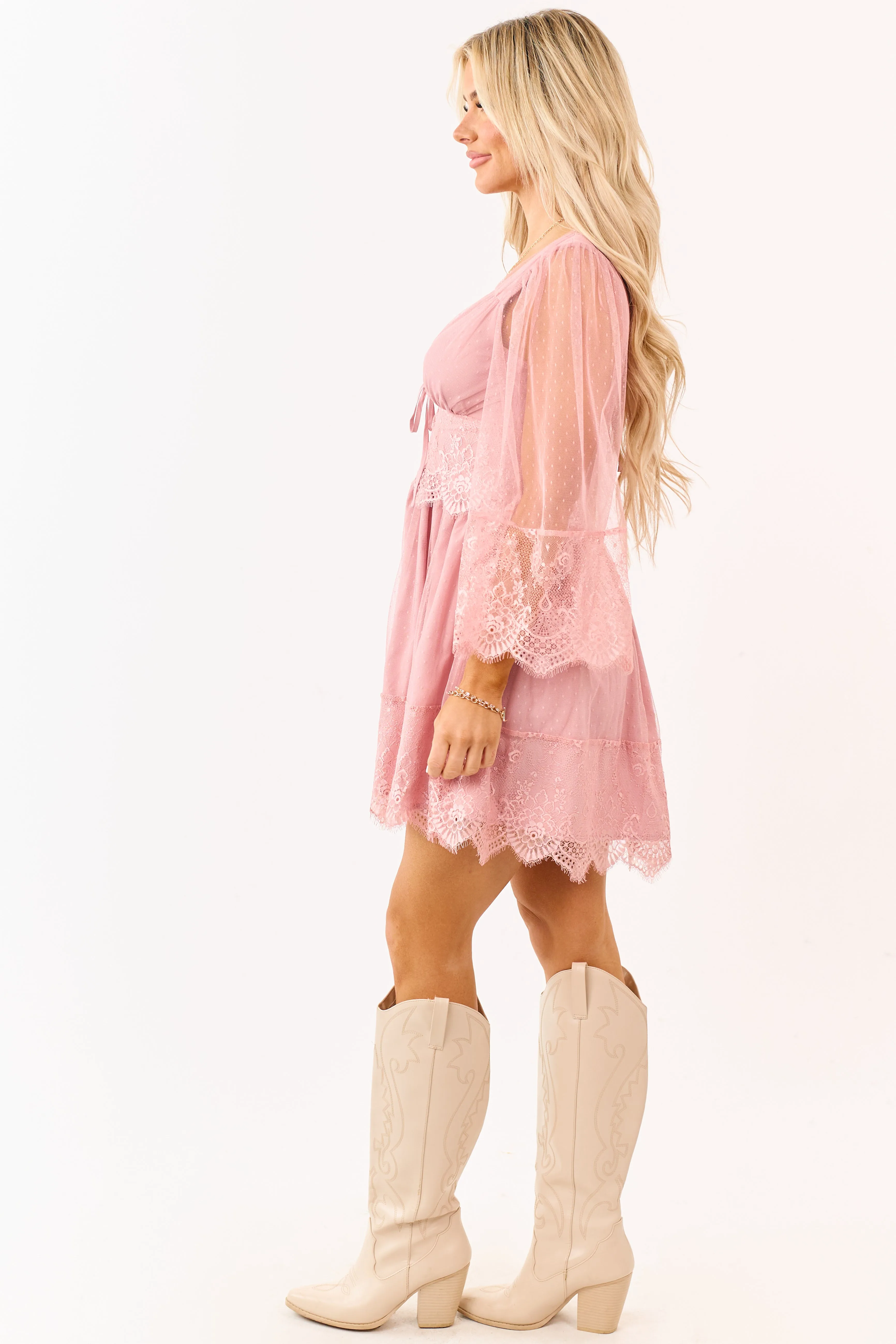 Deep Dusty Blush Dotted Lace Open Back Mini Dress sold by Lime Lush product image thumbnail 5