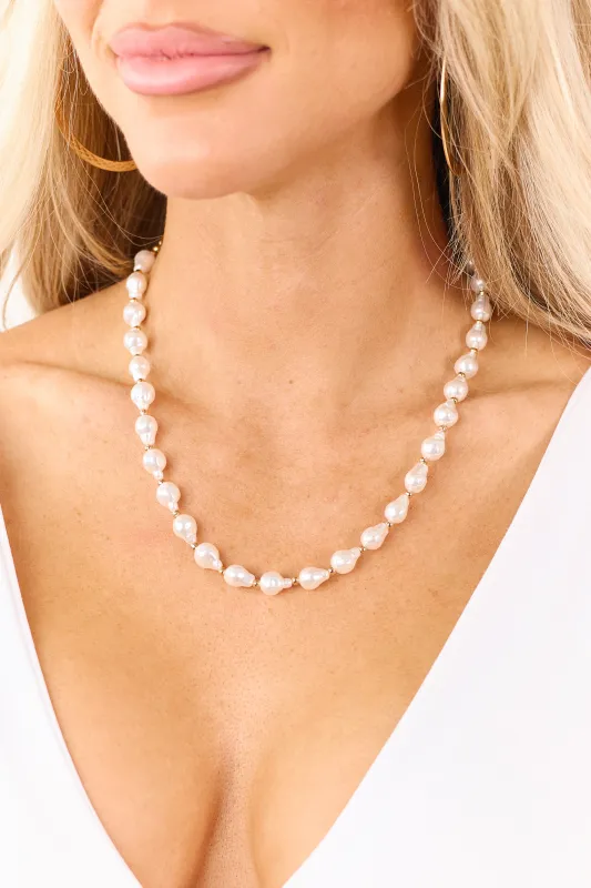 Off White Drop Shape Pearl and Bead Necklace sold by Lime Lush