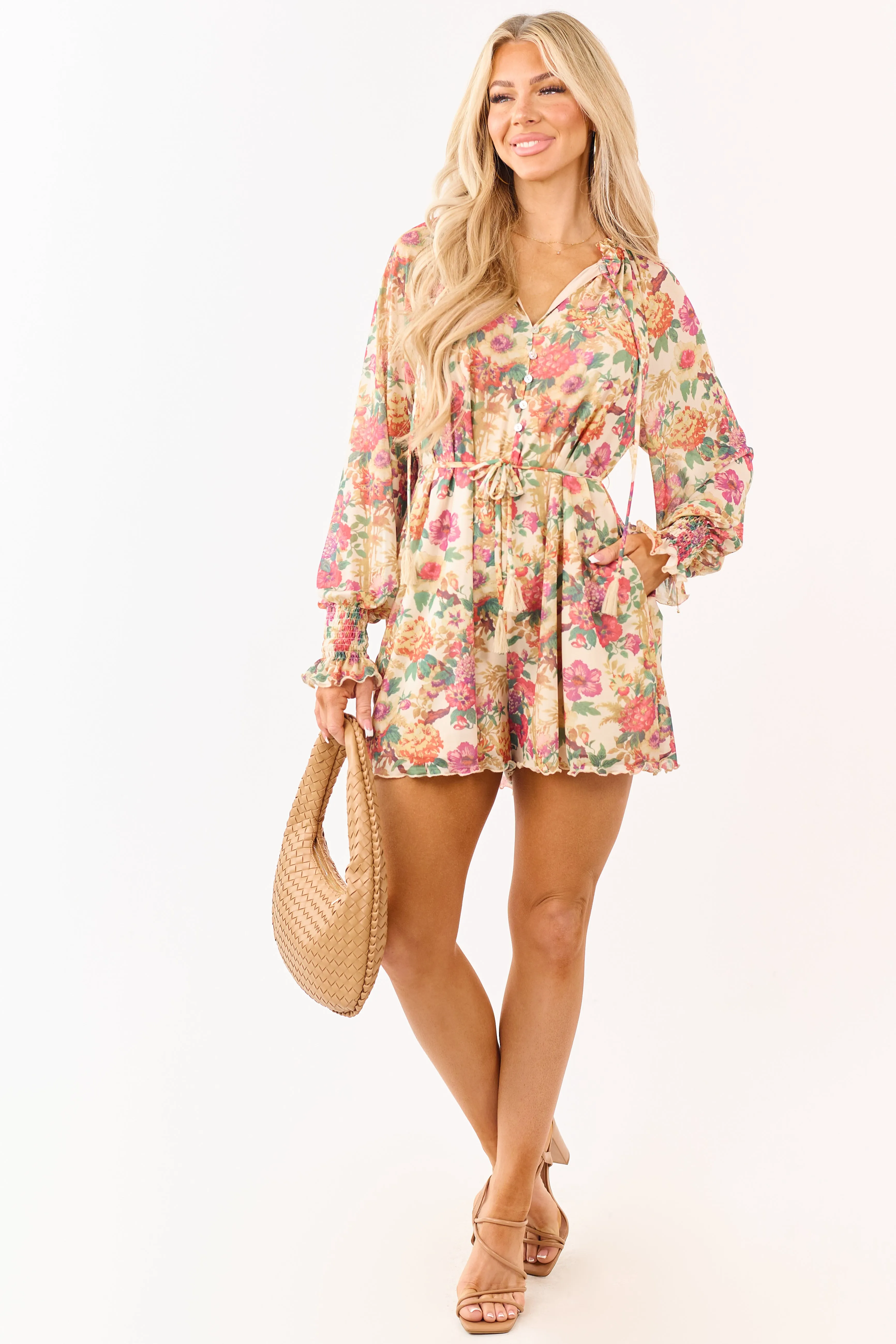 Promesa Almond Floral Mesh Long Sleeve Romper sold by Lime Lush product image thumbnail 2
