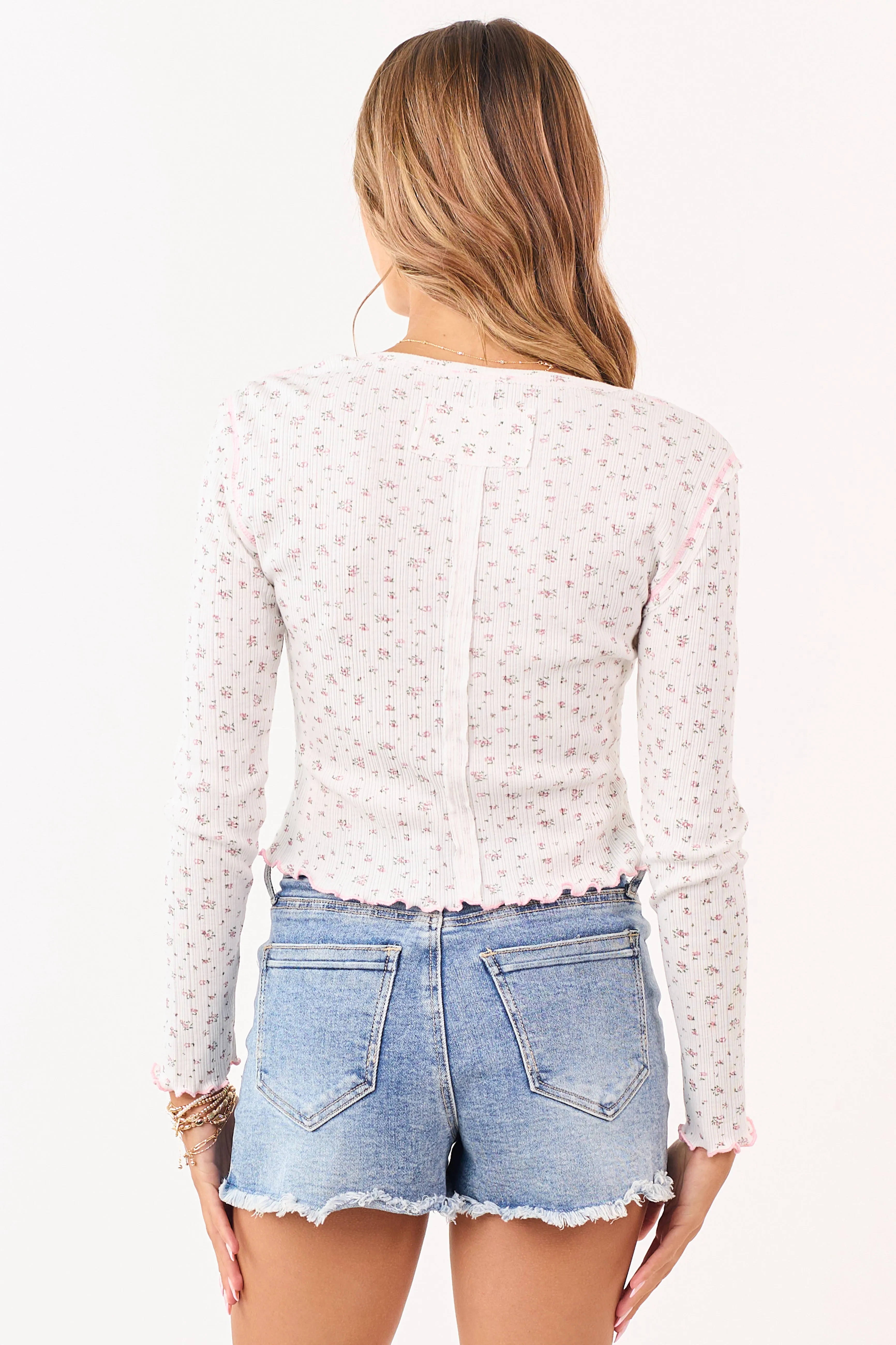Ivory Ditsy Floral Rib Knit V-Neck Long Sleeve Top sold by Lime Lush product image thumbnail 5