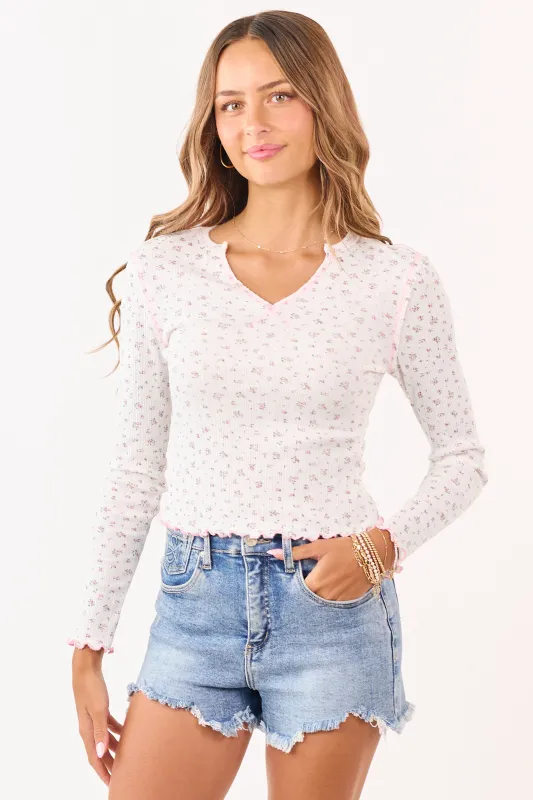 Ivory Ditsy Floral Rib Knit V-Neck Long Sleeve Top made by Papermoon