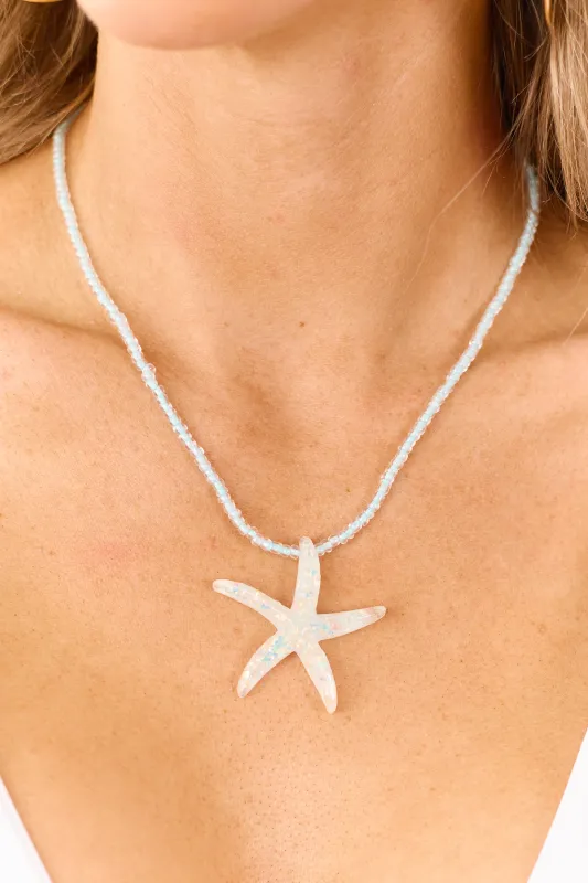 Arctic Blue Beaded Iridescent Starfish Pendant Necklace made by Lime Lush