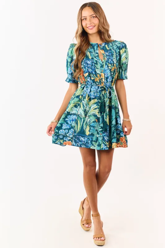 Entro Sea Blue Floral Print Pintuck Mini Dress made by entro
