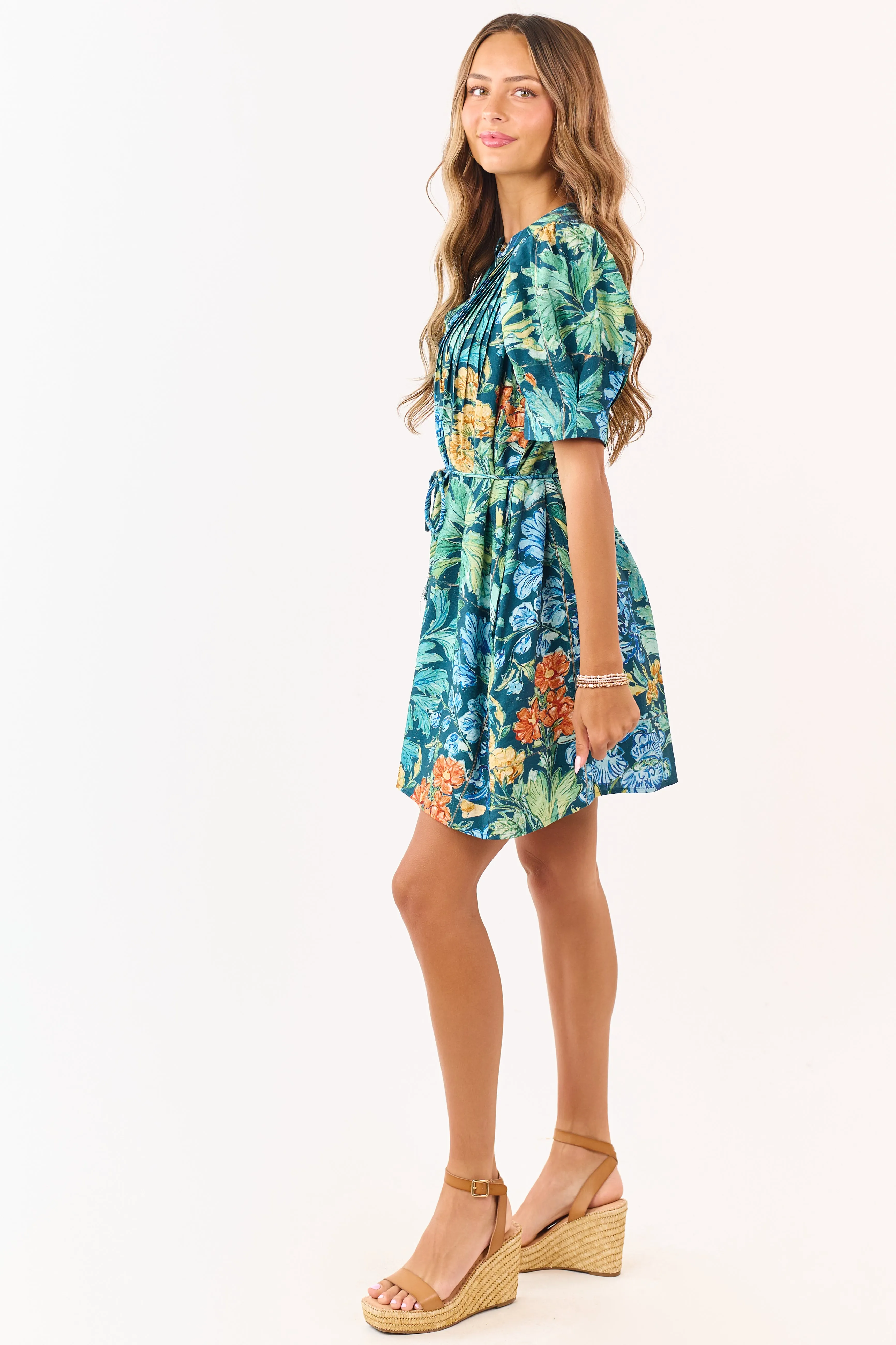 Entro Sea Blue Floral Print Pintuck Mini Dress sold by Lime Lush product image thumbnail 4