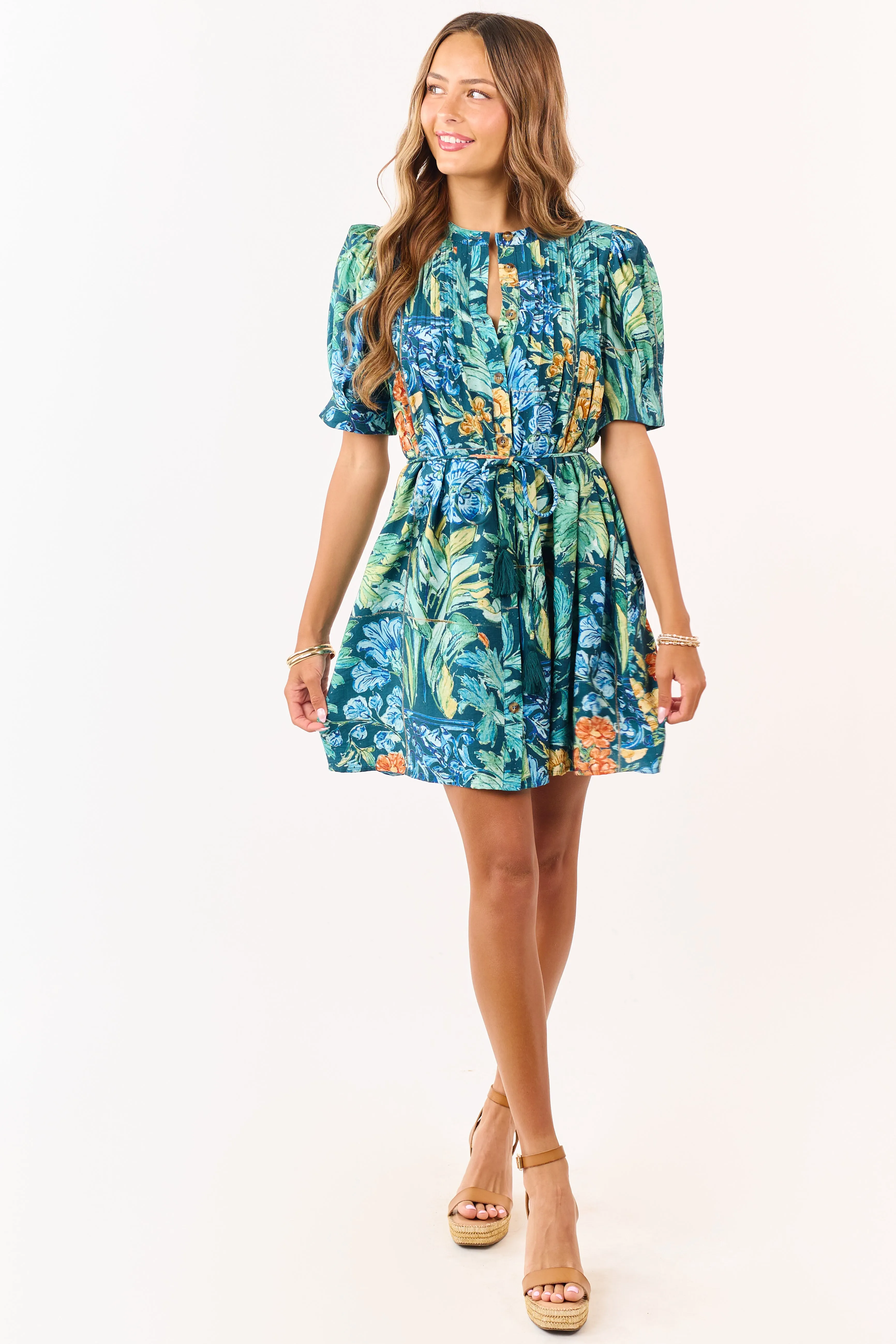 Entro Sea Blue Floral Print Pintuck Mini Dress sold by Lime Lush product image thumbnail 2