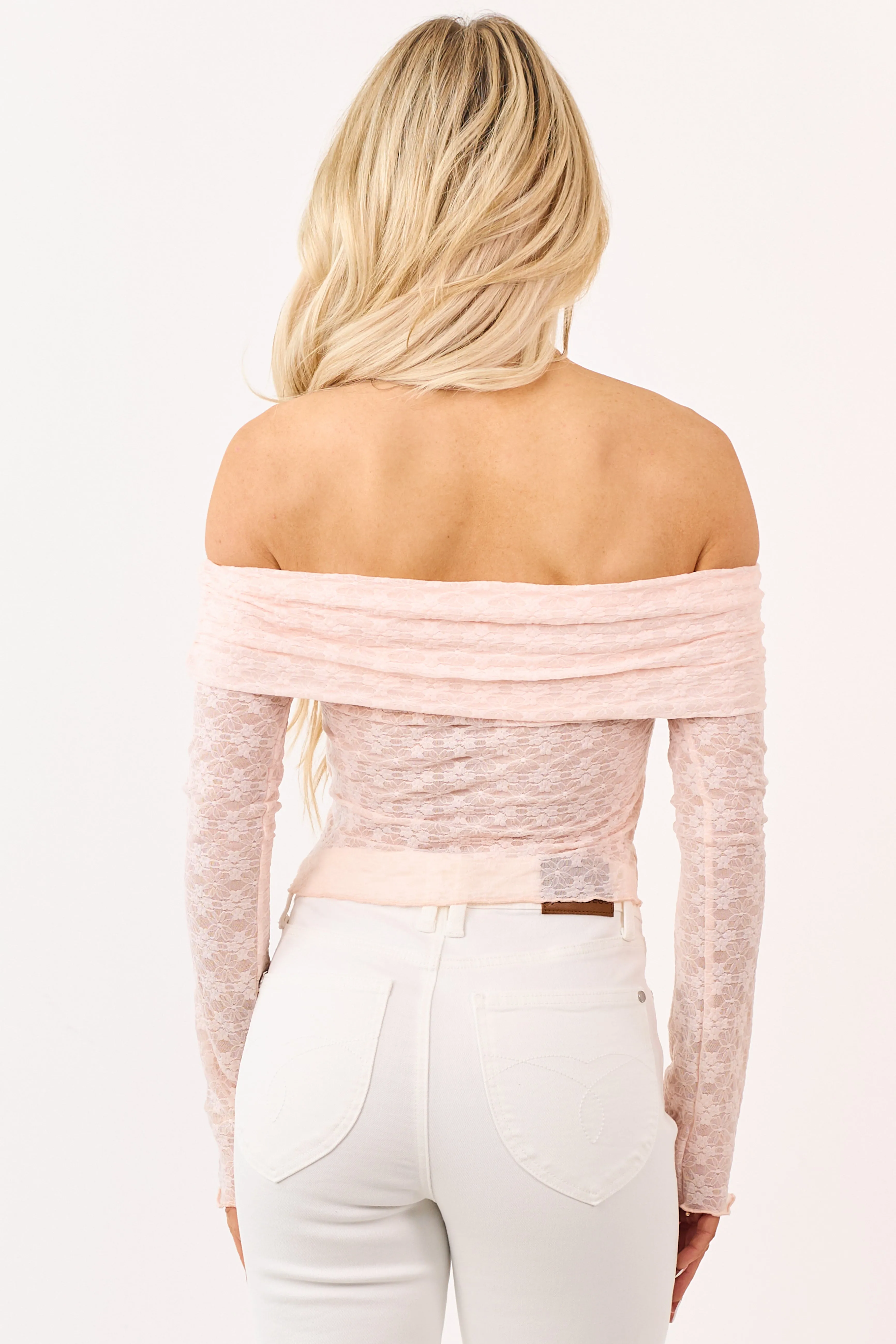 Peach Off the Shoulder Lace Long Sleeve Top sold by Lime Lush product image thumbnail 5