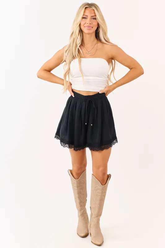 Entro Black Lace Hem Elastic Waistband Shorts sold by Lime Lush