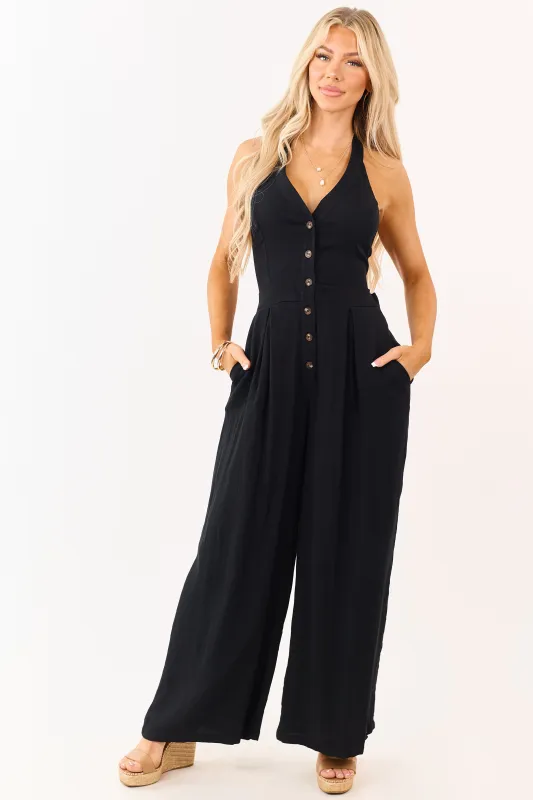 Black Halter Neck Buttoned Wide Leg Jumpsuit made by Lime Lush