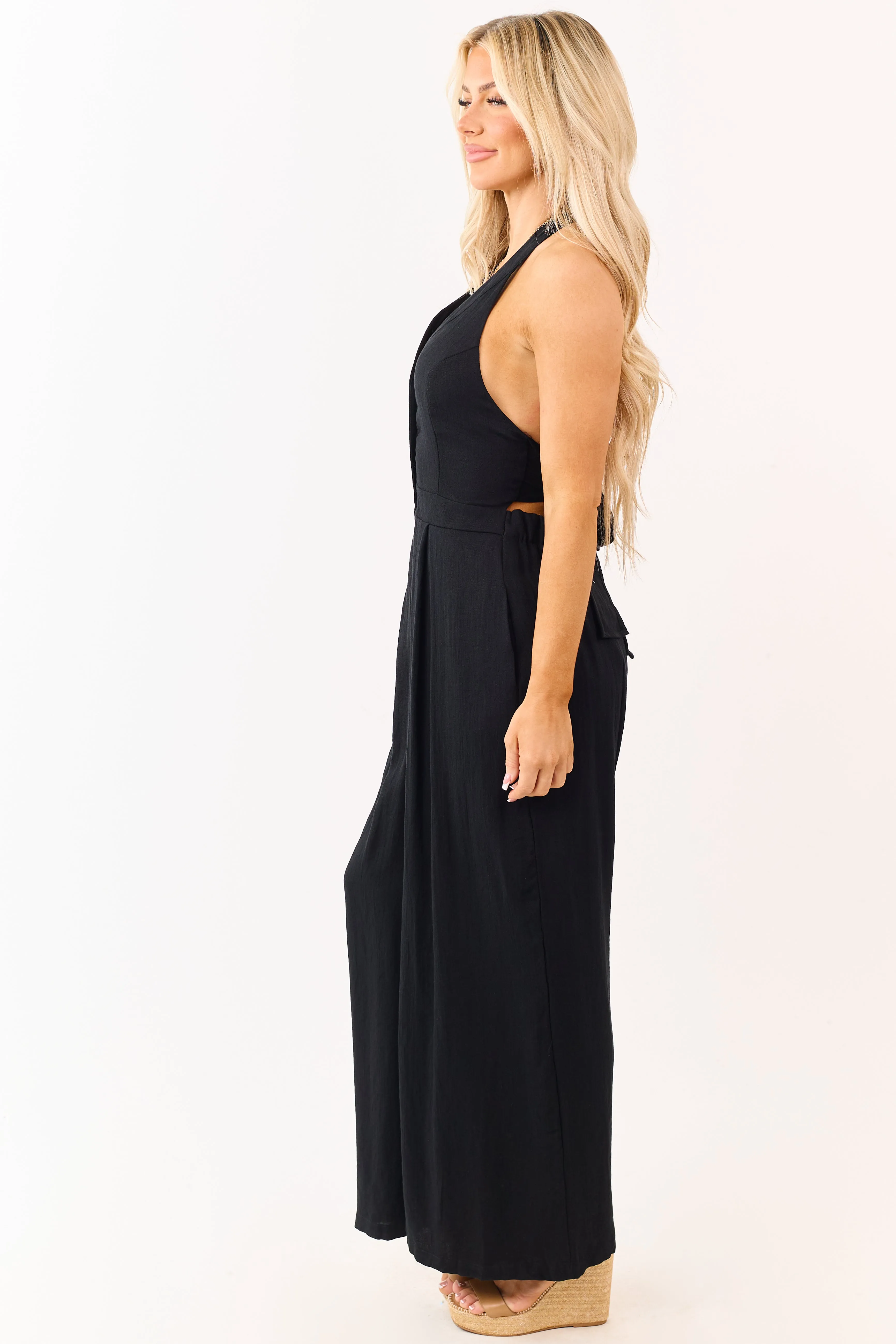 Black Halter Neck Buttoned Wide Leg Jumpsuit sold by Lime Lush product image thumbnail 4