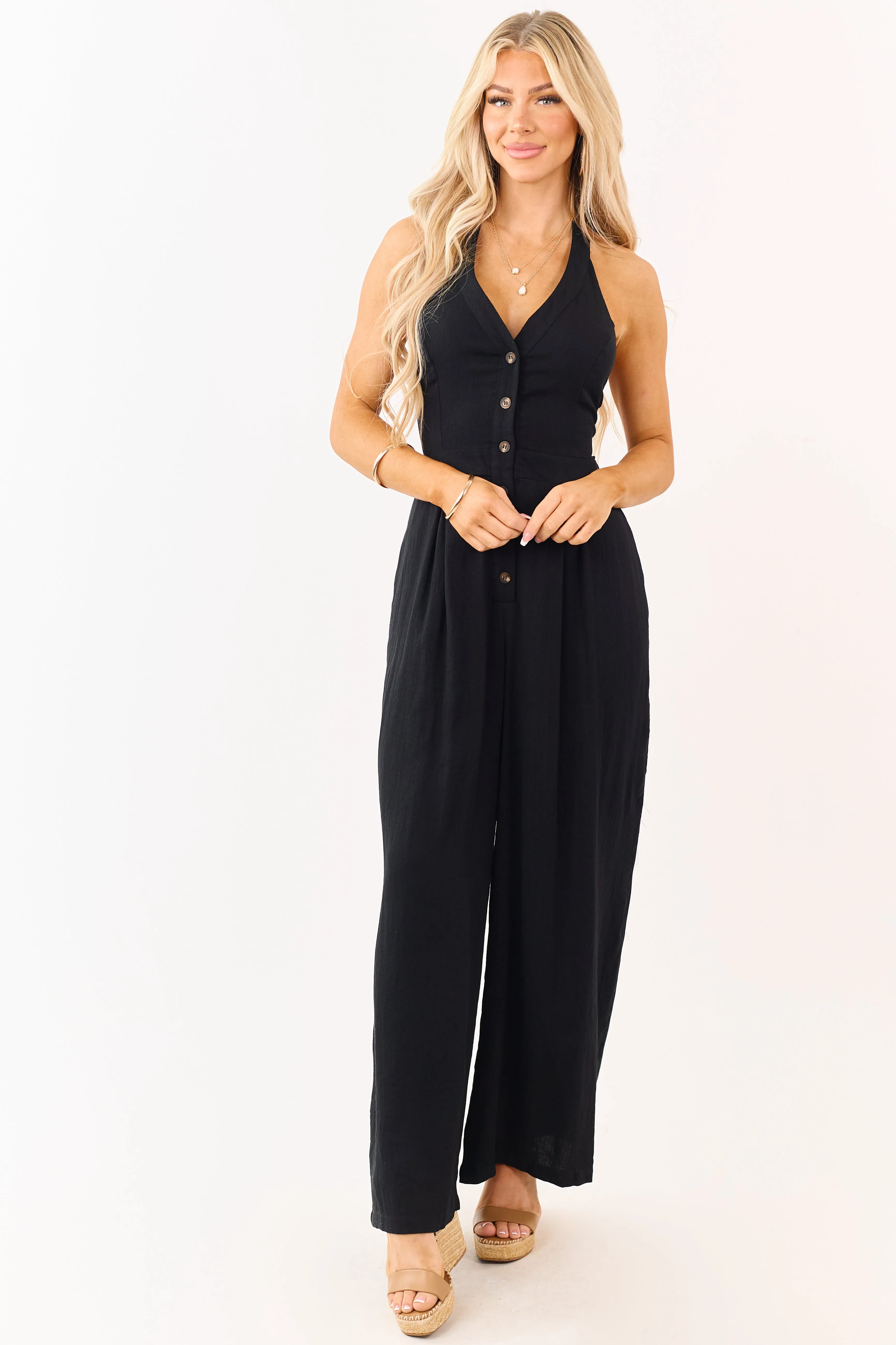 Black Halter Neck Buttoned Wide Leg Jumpsuit sold by Lime Lush product image thumbnail 2