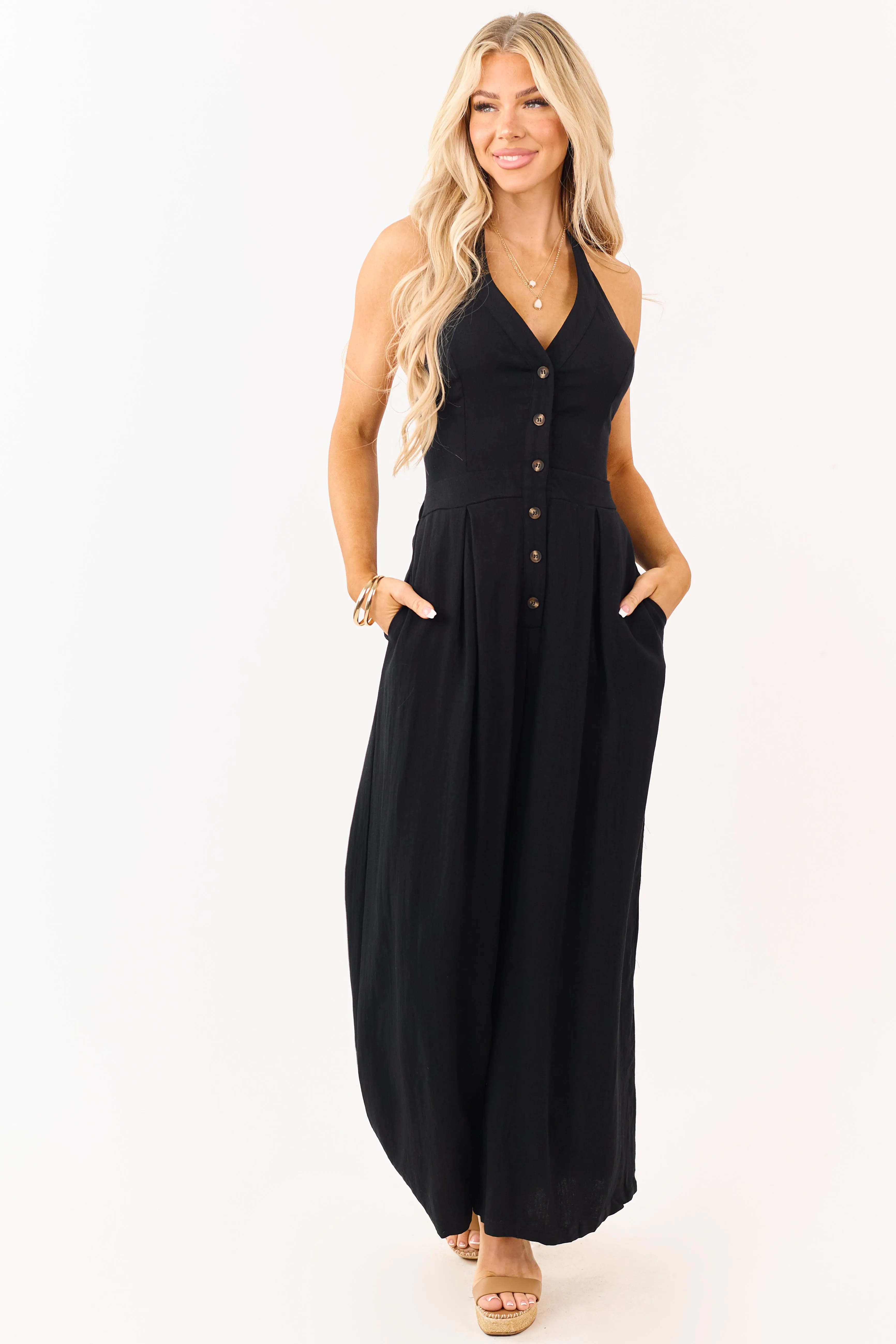 Black Halter Neck Buttoned Wide Leg Jumpsuit sold by Lime Lush product image thumbnail 3