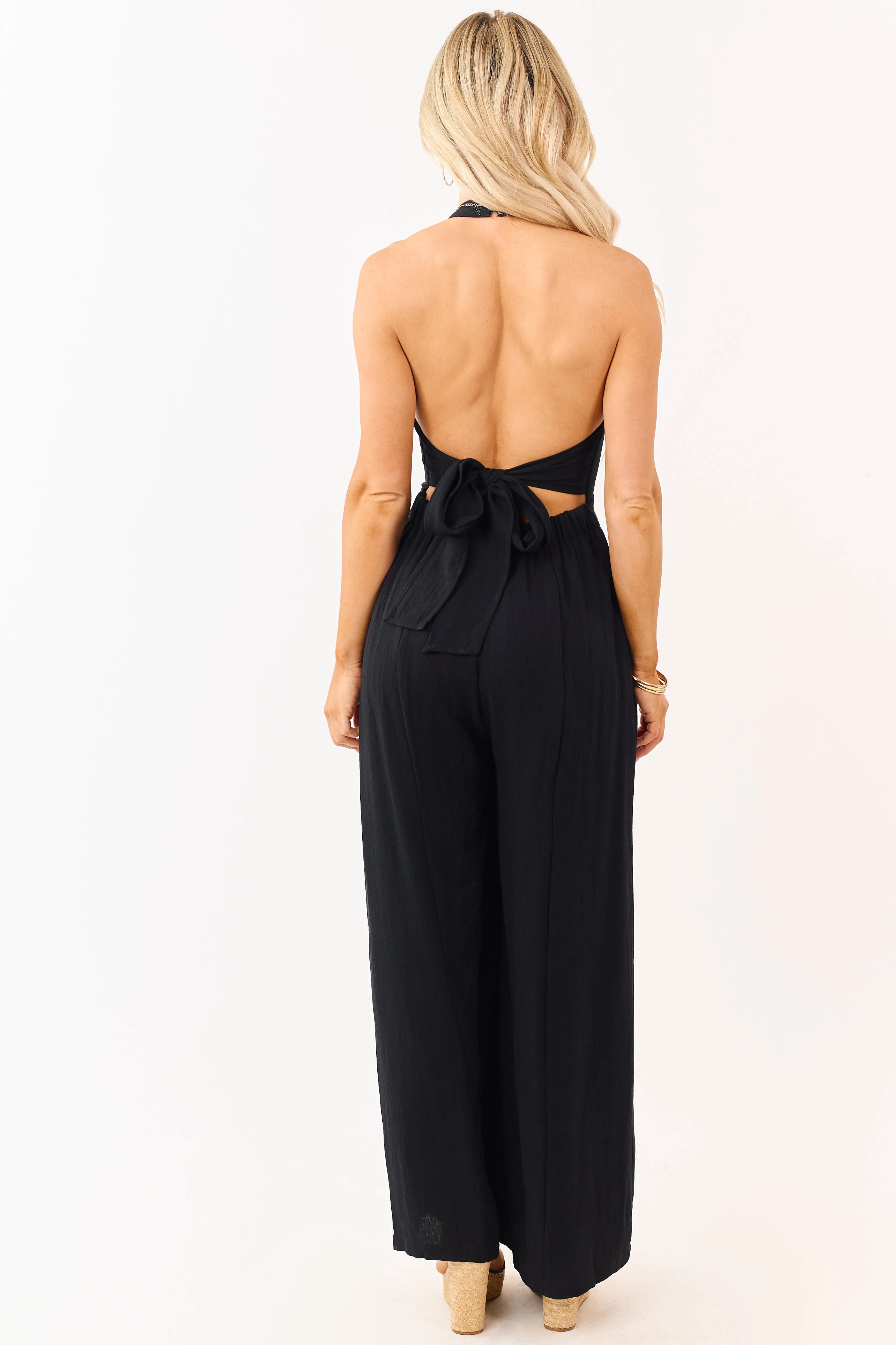 Black Halter Neck Buttoned Wide Leg Jumpsuit sold by Lime Lush product image thumbnail 5