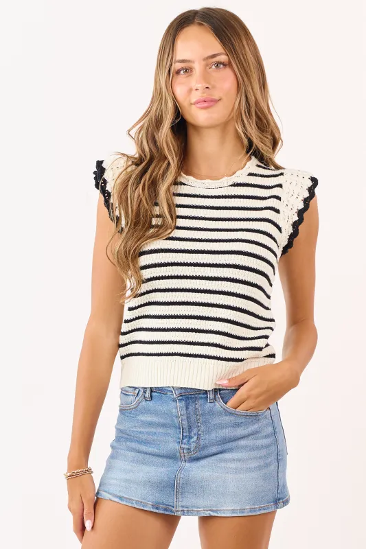 Cream and Black Striped Crochet Cap Sleeve Knit Top made by HYFVE