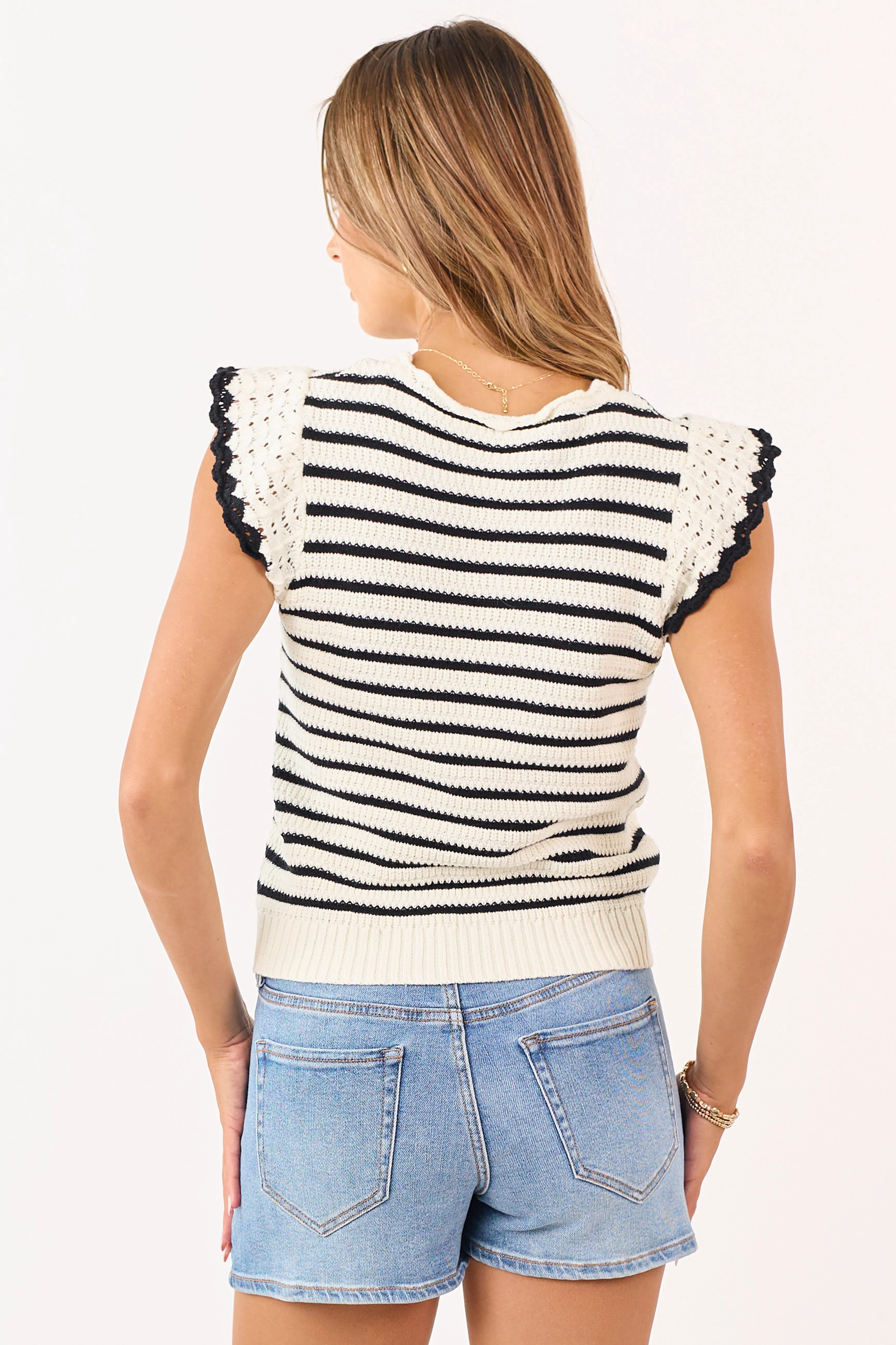 Cream and Black Striped Crochet Cap Sleeve Knit Top sold by Lime Lush product image thumbnail 5