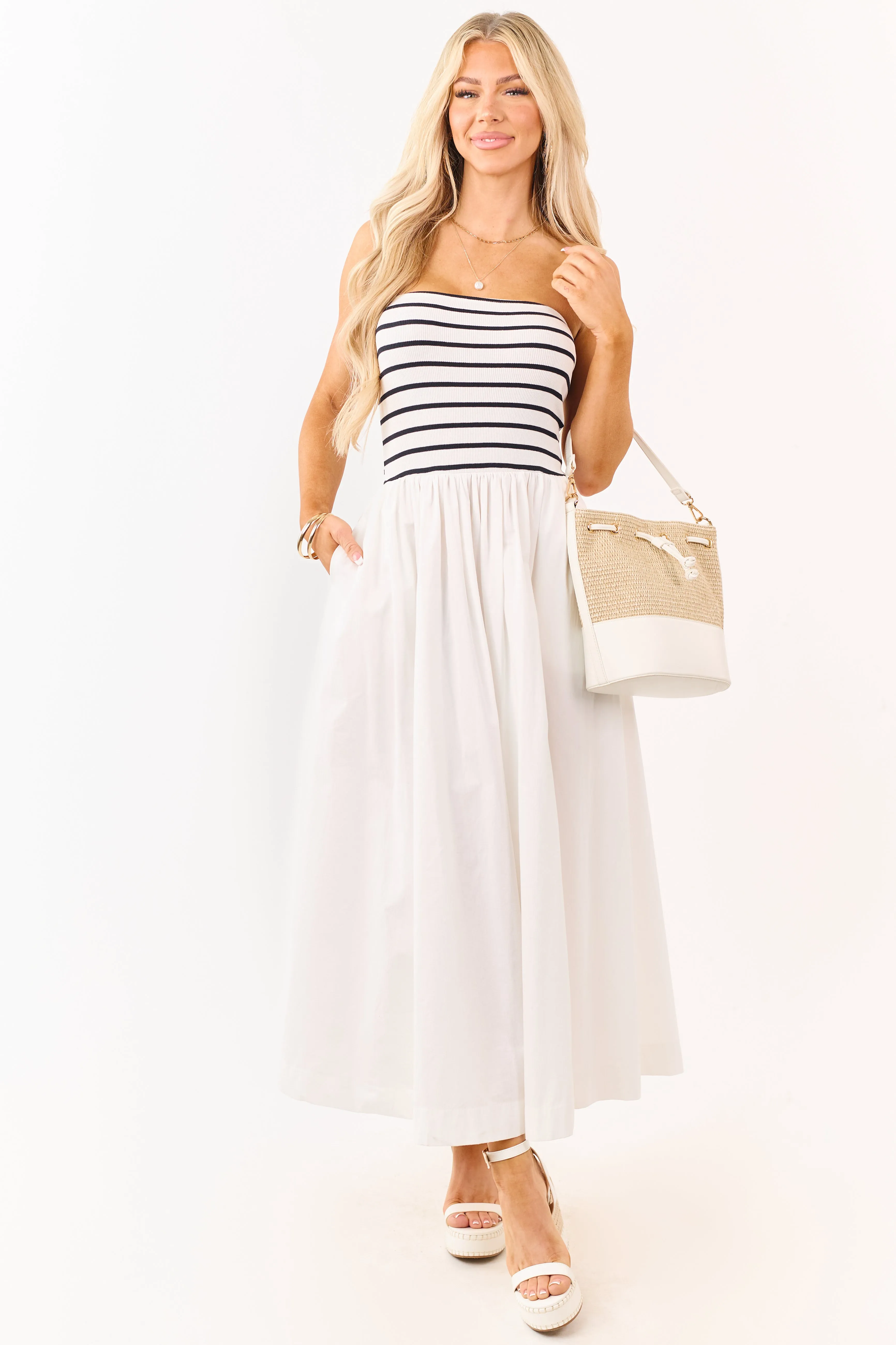 Ivory and Black Striped Strapless Cotton Maxi Dress sold by Lime Lush product image thumbnail 3